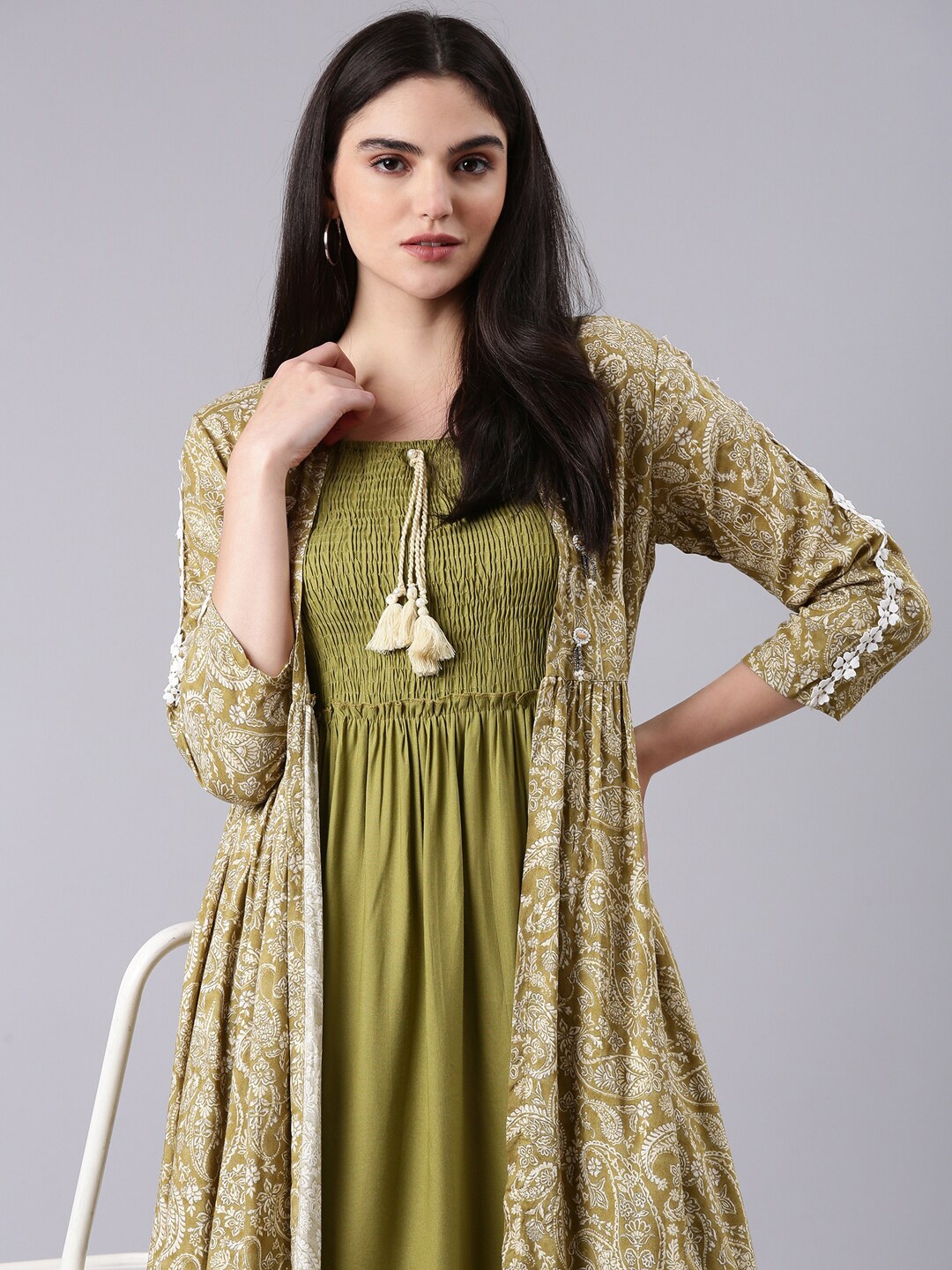 

SHOWOFF Sleeveless Smocked Fit and Flare Midi Dress With Paisley Printed Shrug, Olive