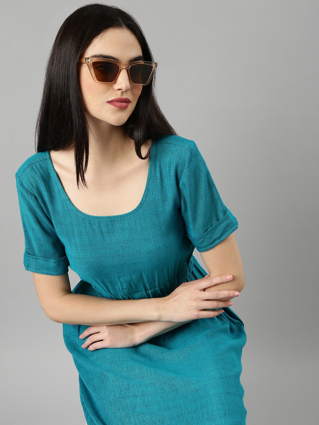 

SHOWOFF Round Neck A-Line Dress, Teal