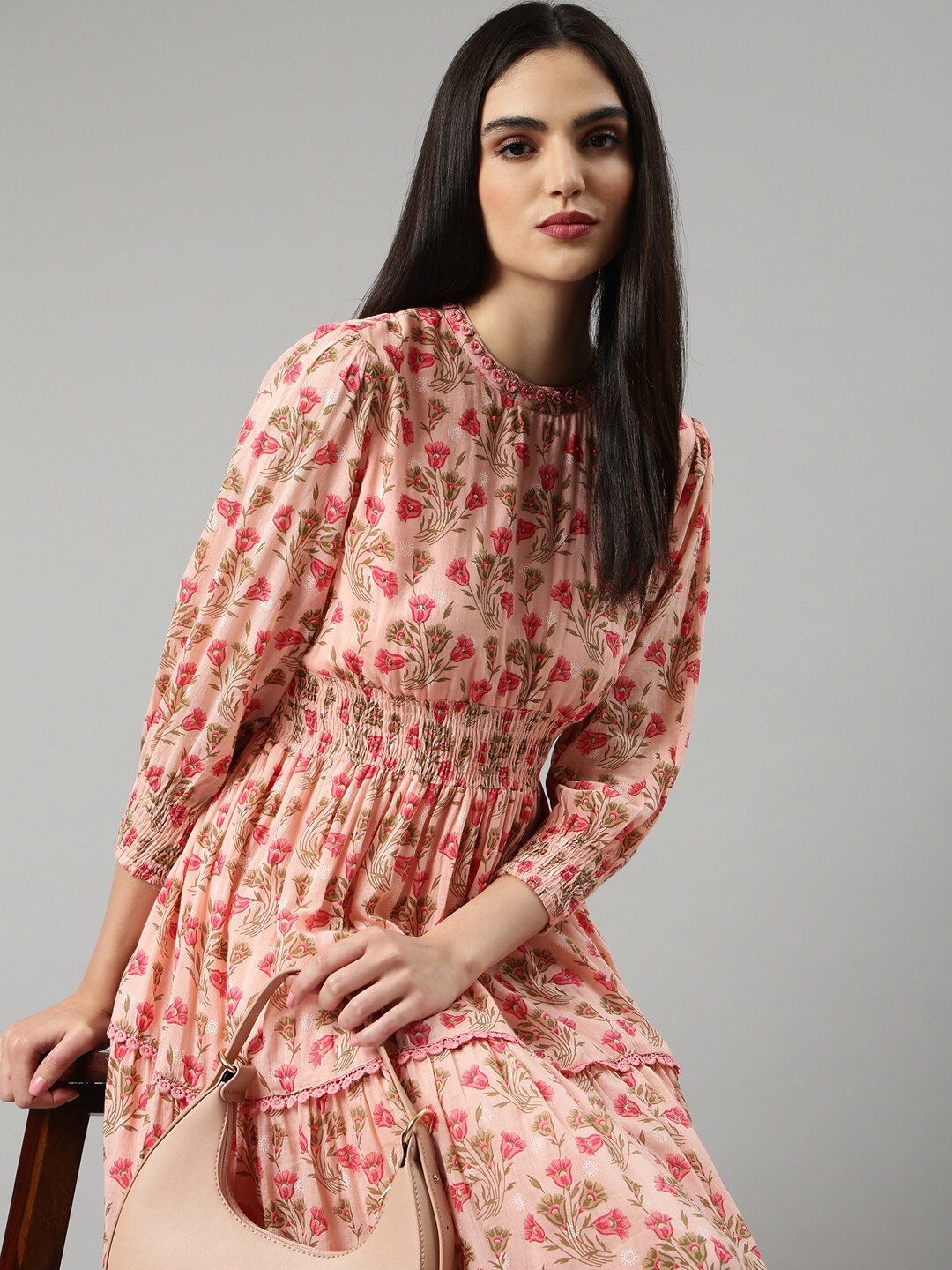 

SHOWOFF Floral Printed Smocked Detailed Puff Sleeves Fit & Flare Midi Dress, Peach