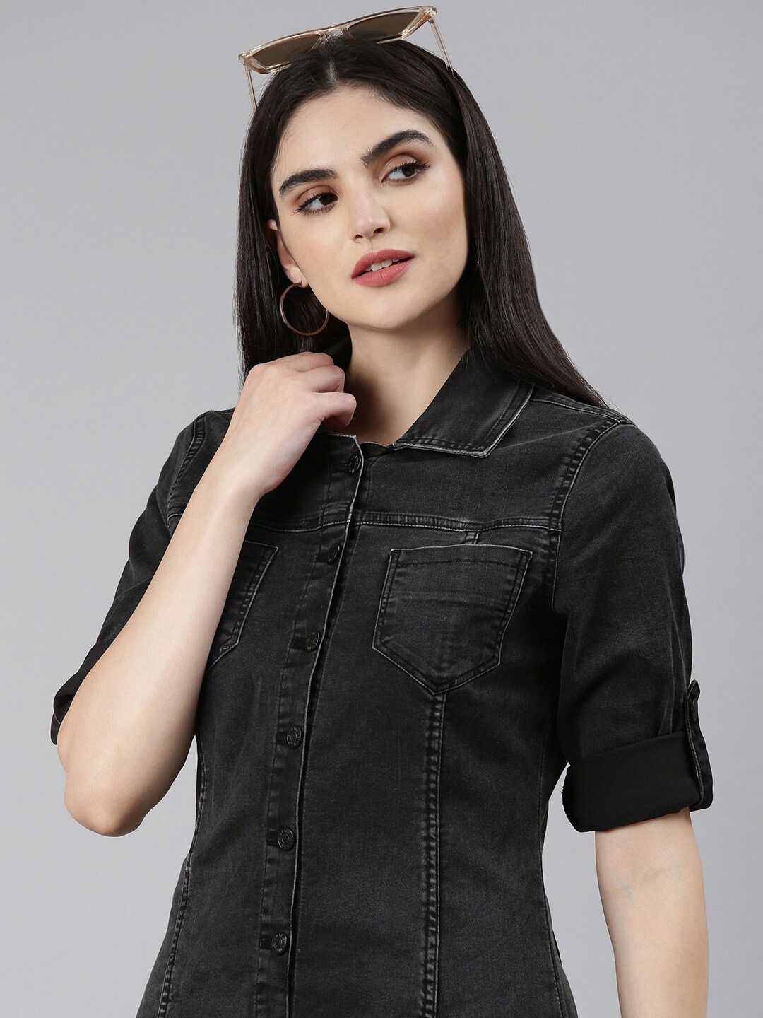 

SHOWOFF Shirt Collar Denim Shirt Style Dress, Grey