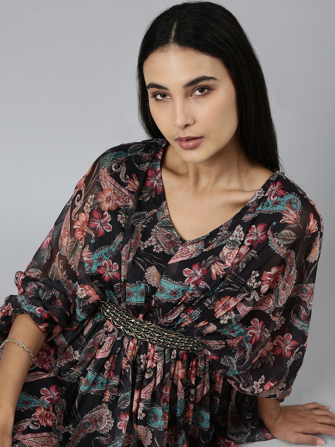 

SHOWOFF Floral Printed Cotton A-Line Dress, Black