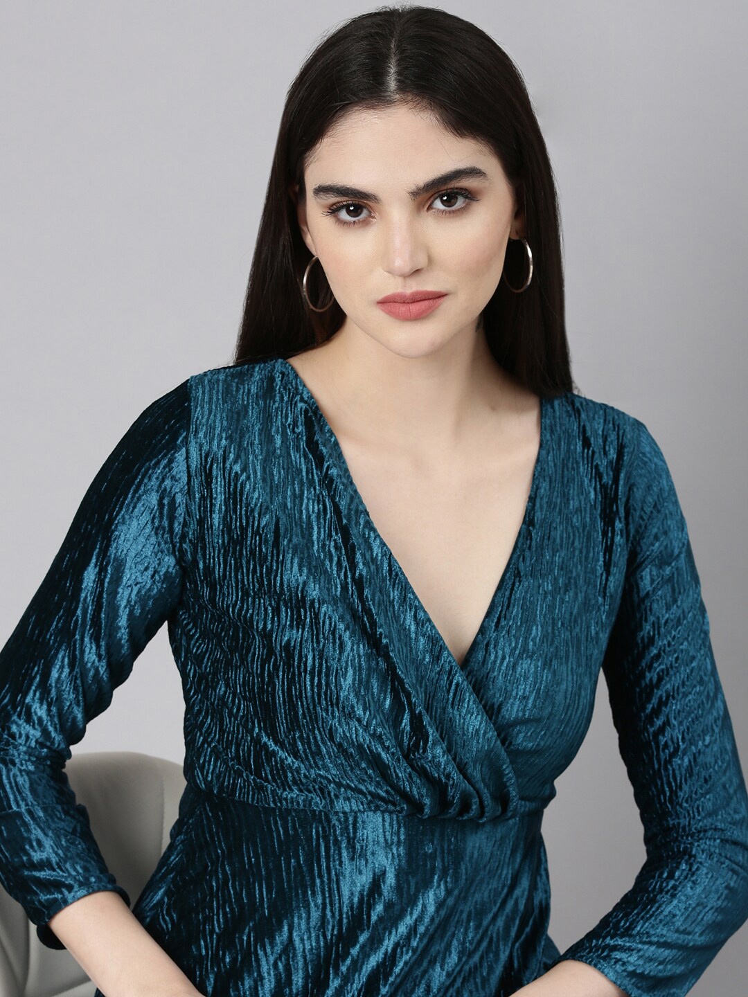 

SHOWOFF V-Neck Puff Sleeve Velvet Dress, Teal