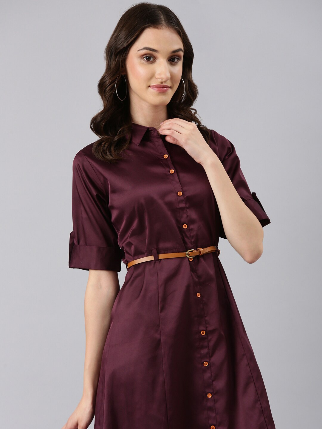 

SHOWOFF Cotton Roll-Up Sleeves Shirt Midi Dress With Belted, Purple