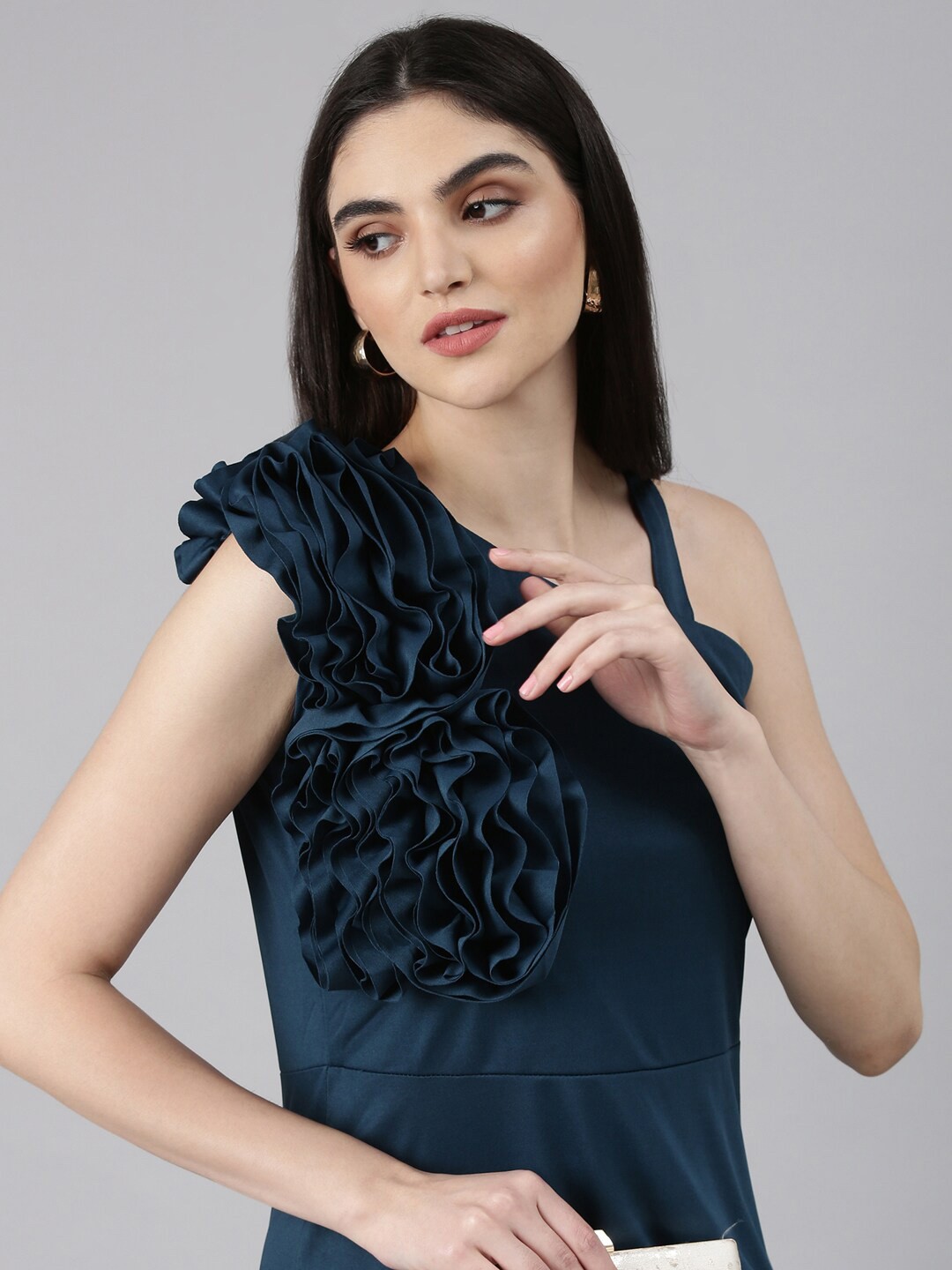 

SHOWOFF Asymmetric Neck Sleeveless Ruffled A-Line Dress, Teal