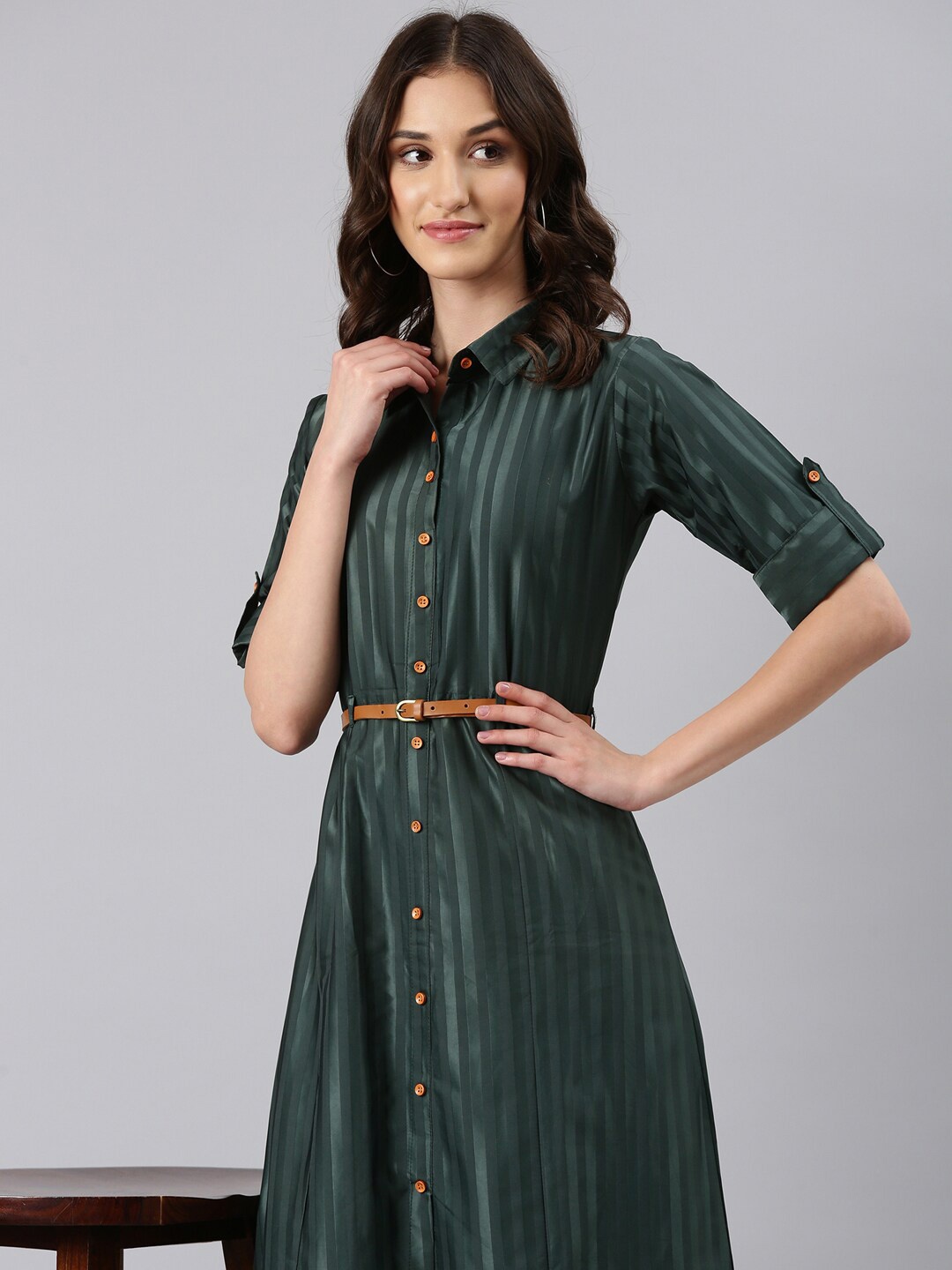 

SHOWOFF Striped Shirt Midi Dress, Olive
