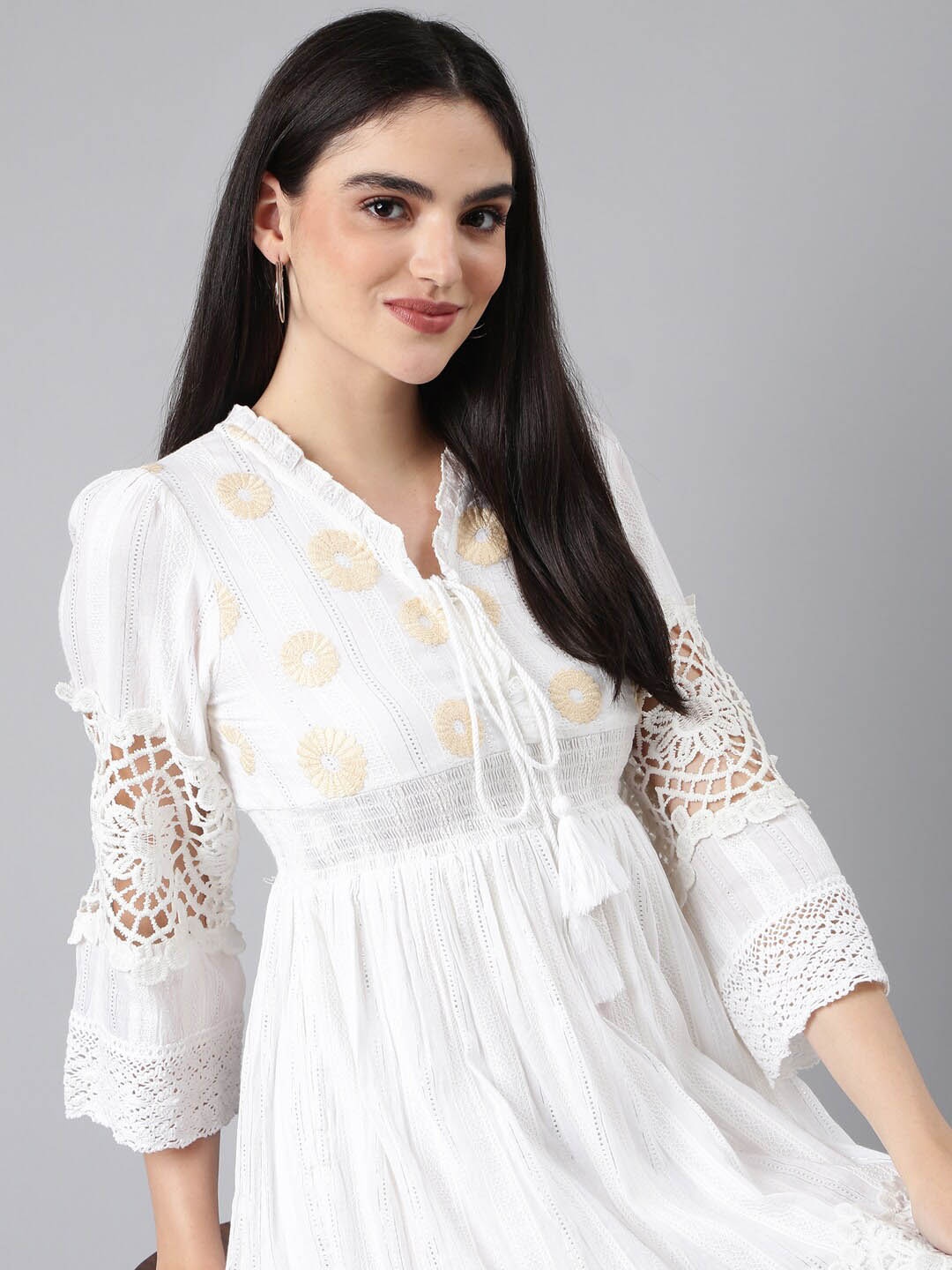 

SHOWOFF Floral Embroidered Smocked Fit And Flare Midi Dress, Off white