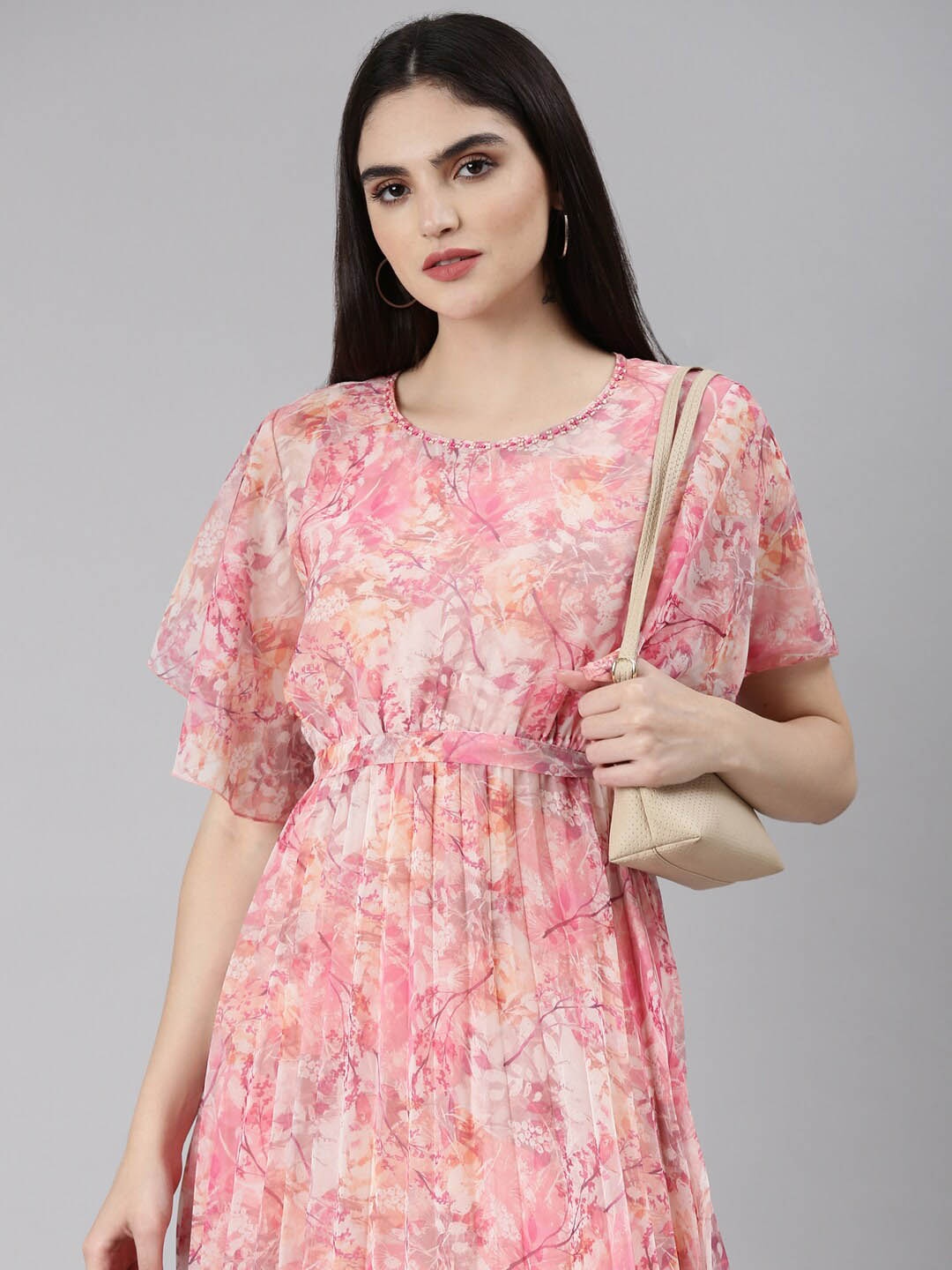 

SHOWOFF Floral Print Chiffon Flutter Sleeves Fit & Flare Dress, Pink