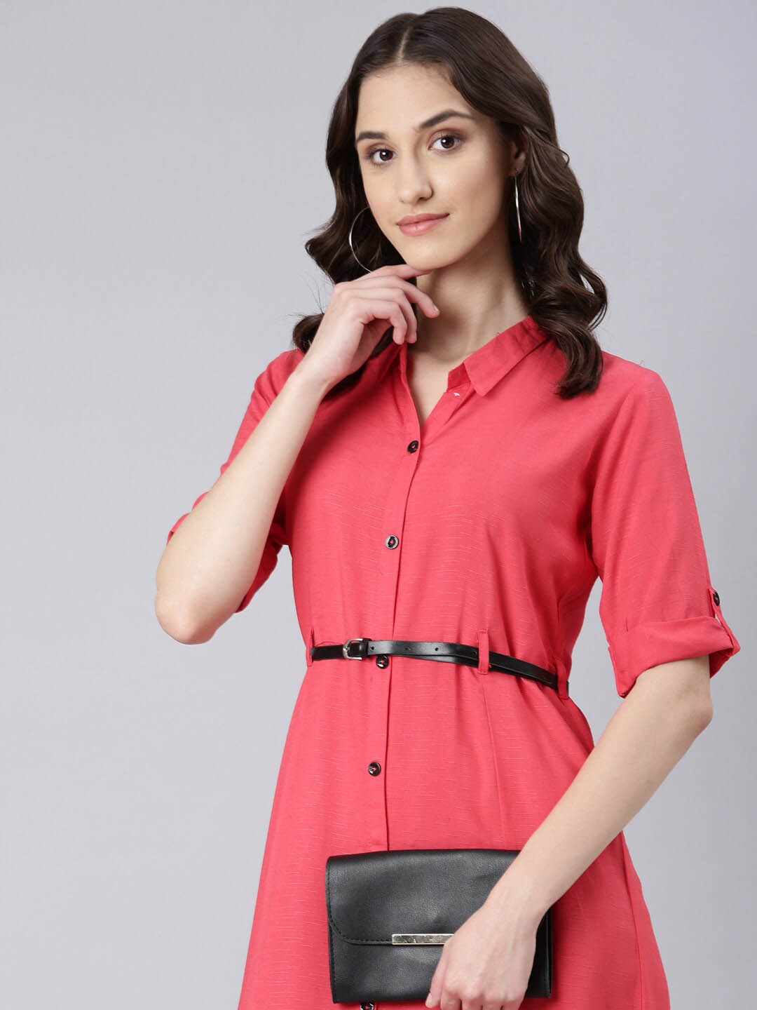 

SHOWOFF Shirt Collar Roll-Up Sleeves Shirt Midi Dress With Belted, Peach