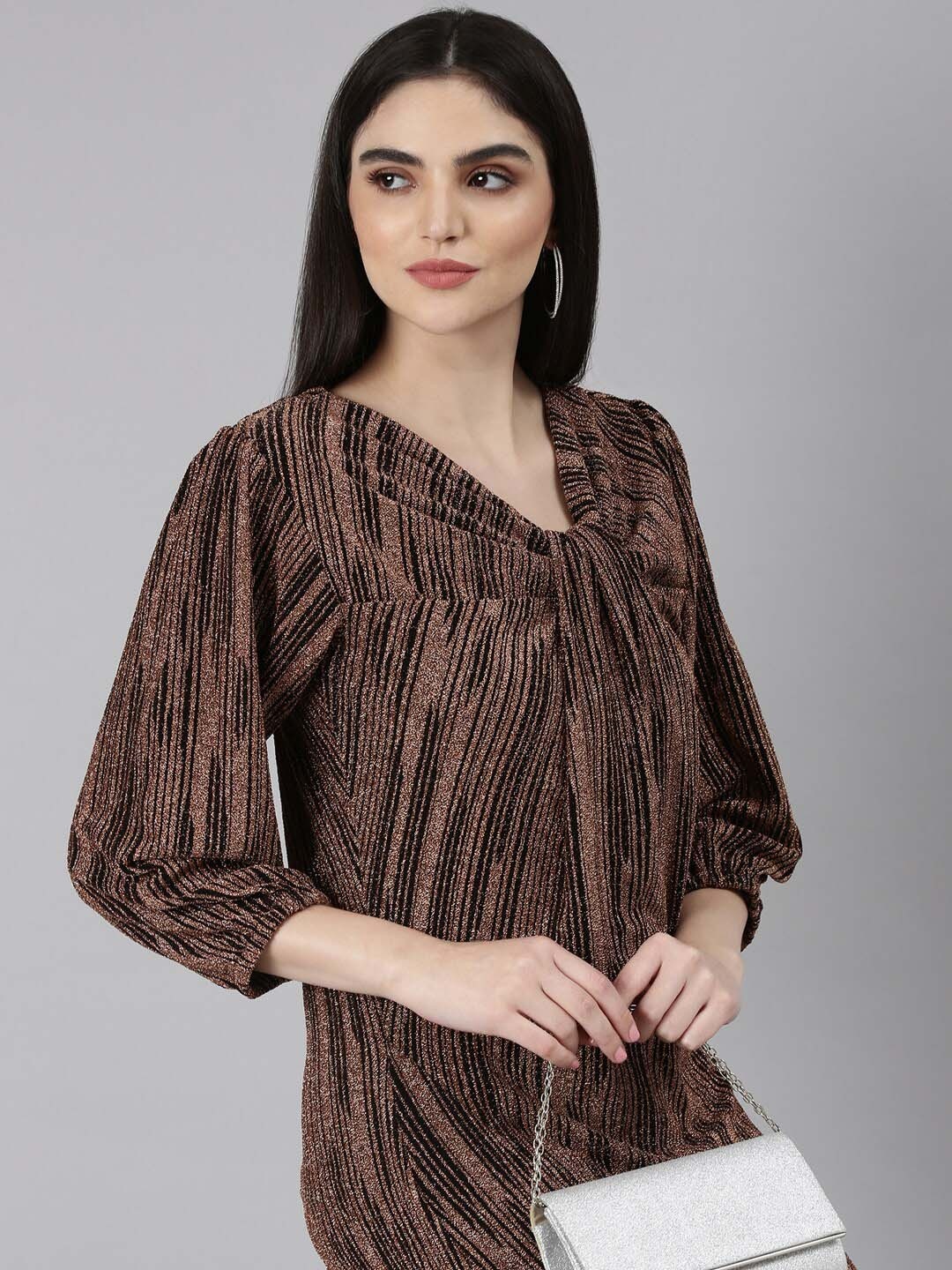 

SHOWOFF Striped V-Neck Puff Sleeves Bling & Sparkly Detail A-Line Maxi Dress, Bronze