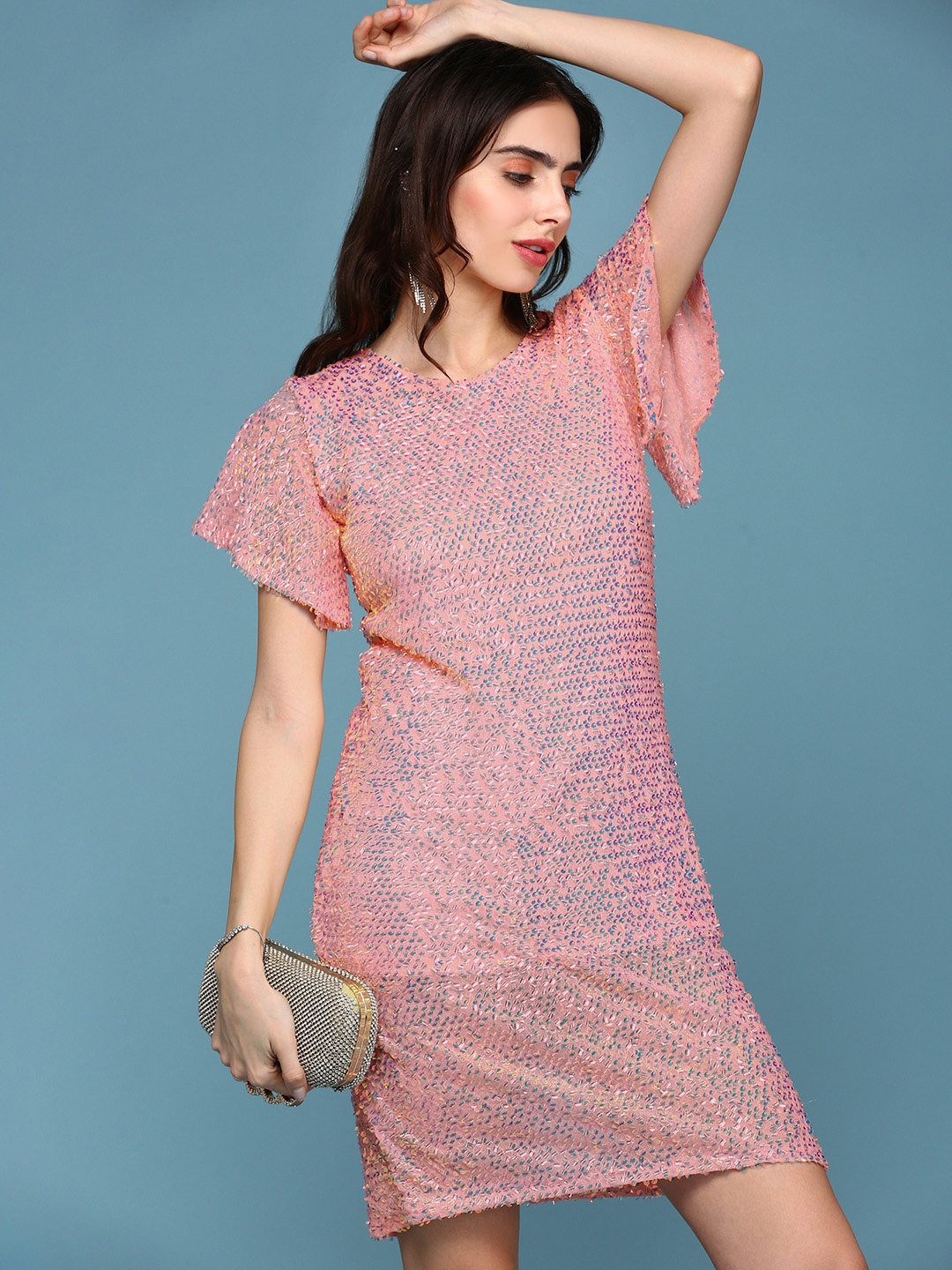 

SHOWOFF Embellished Flared Sleeves Sequined A-Line Mini Dress, Peach