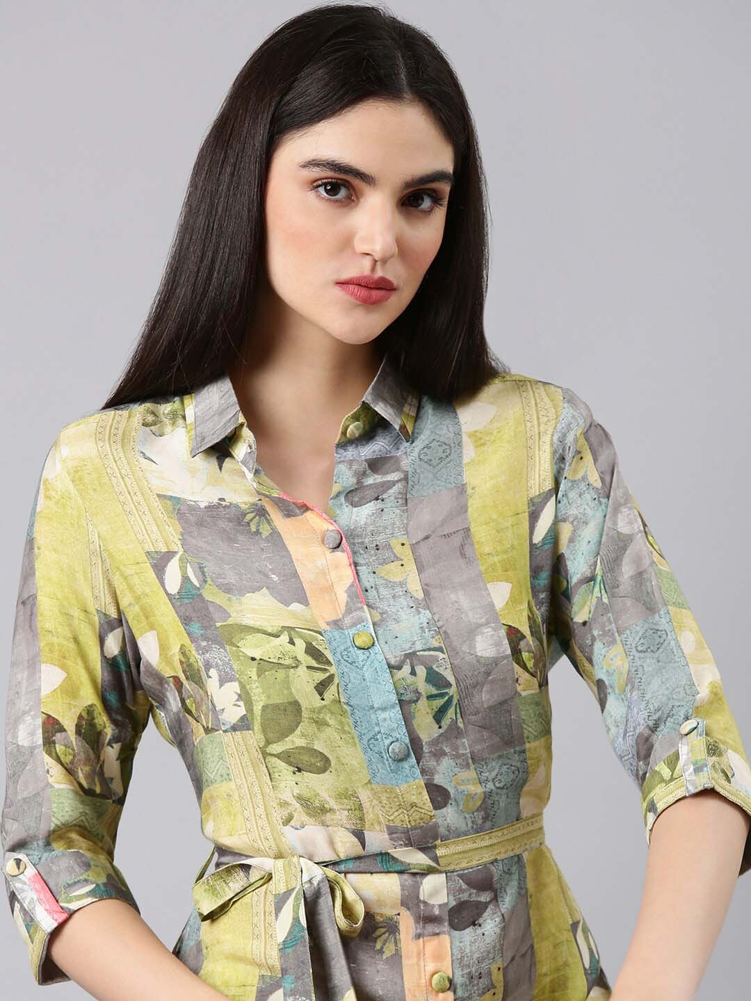 

SHOWOFF Tropical Printed Belted Shirt Style Dress, Lime green