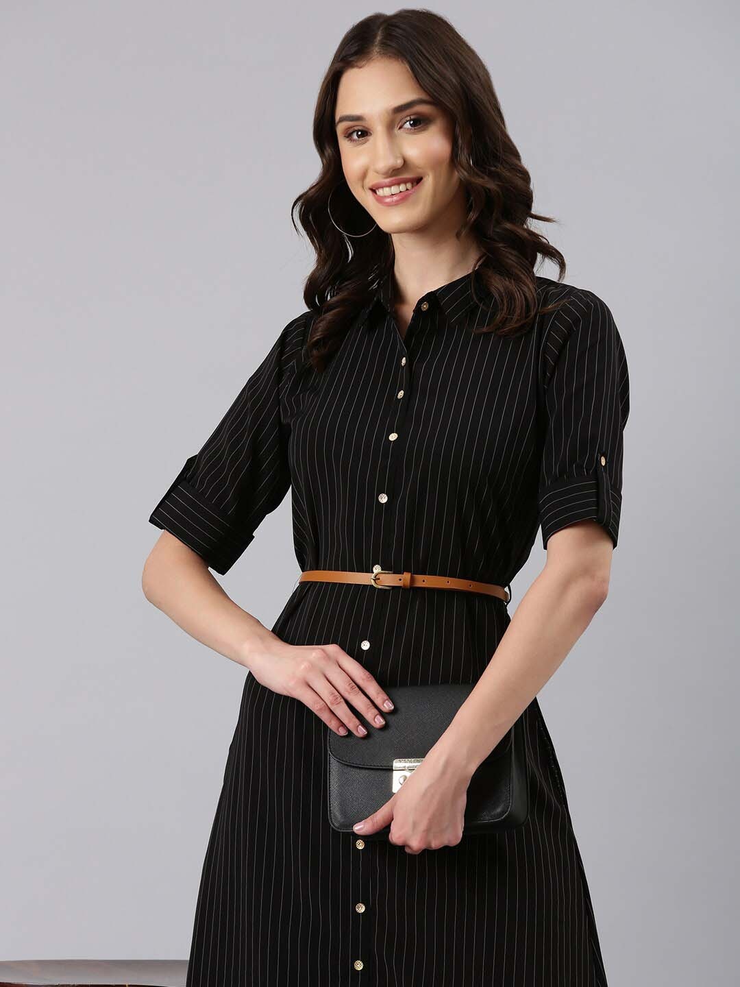 

SHOWOFF Striped Shirt Midi Dress, Black