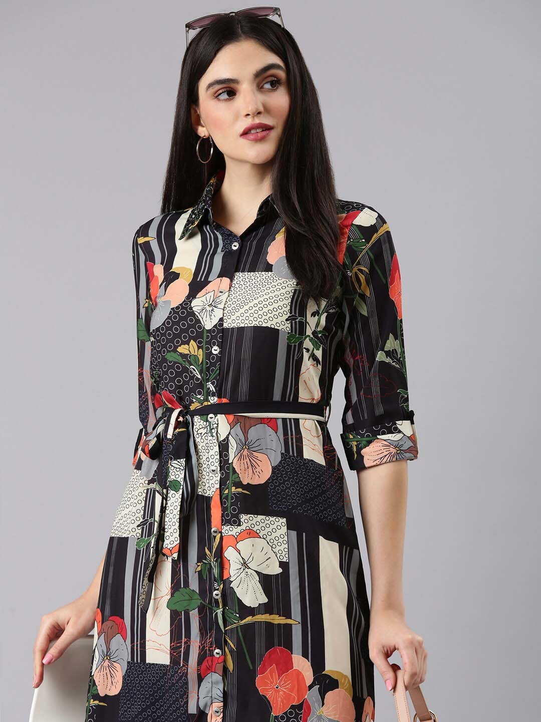 SHOWOFF Floral Printed Georgette Shirt Dress, Black