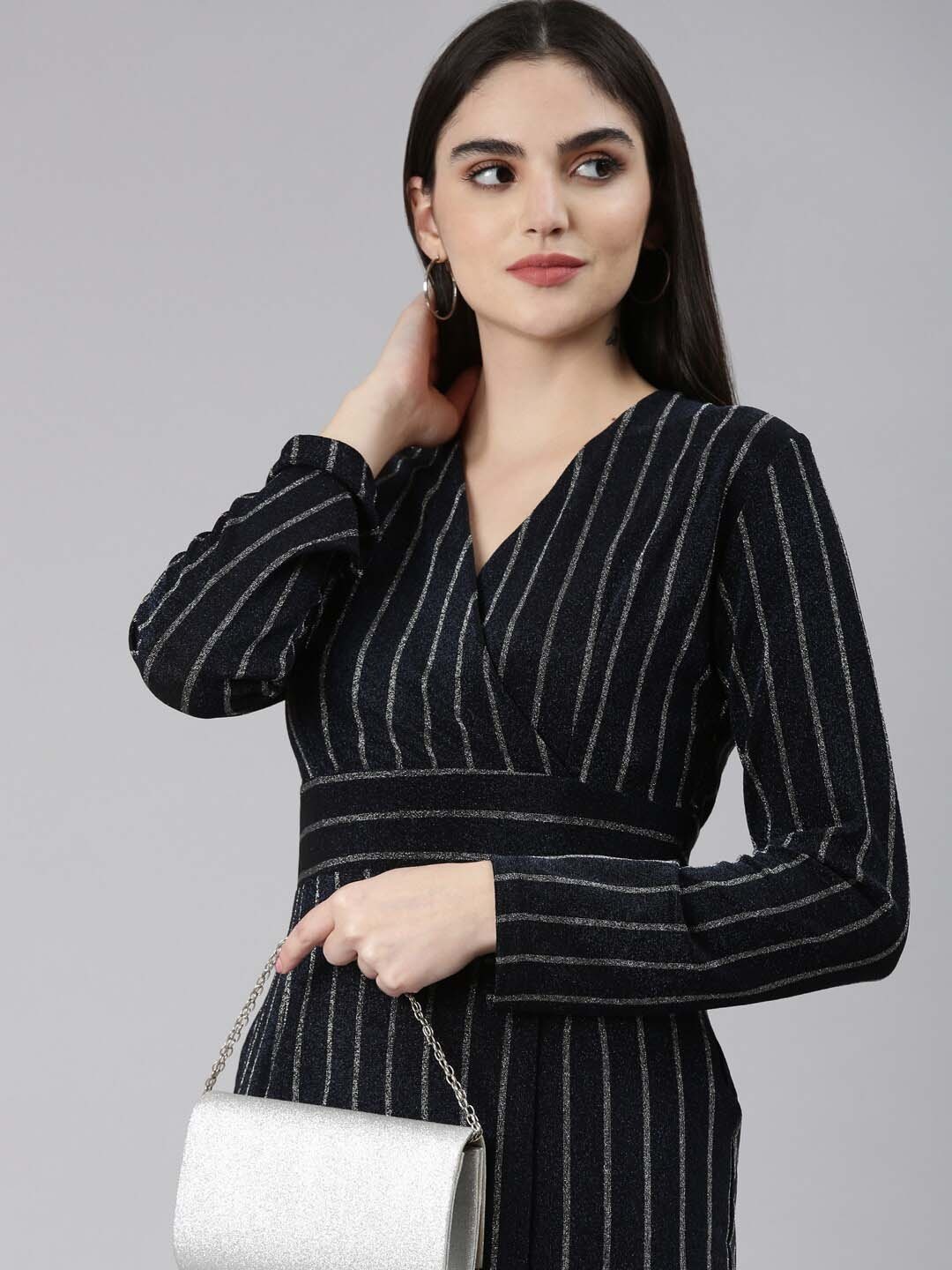 

SHOWOFF Striped V-Neck Layered Wrap Mini Dress, Navy blue