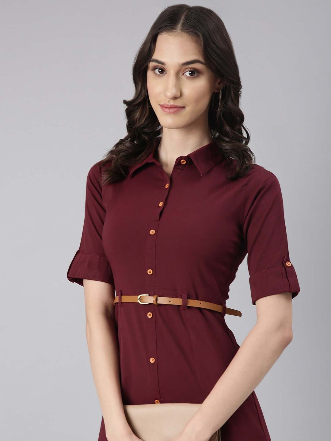 

SHOWOFF Belted Shirt Style Dress, Maroon