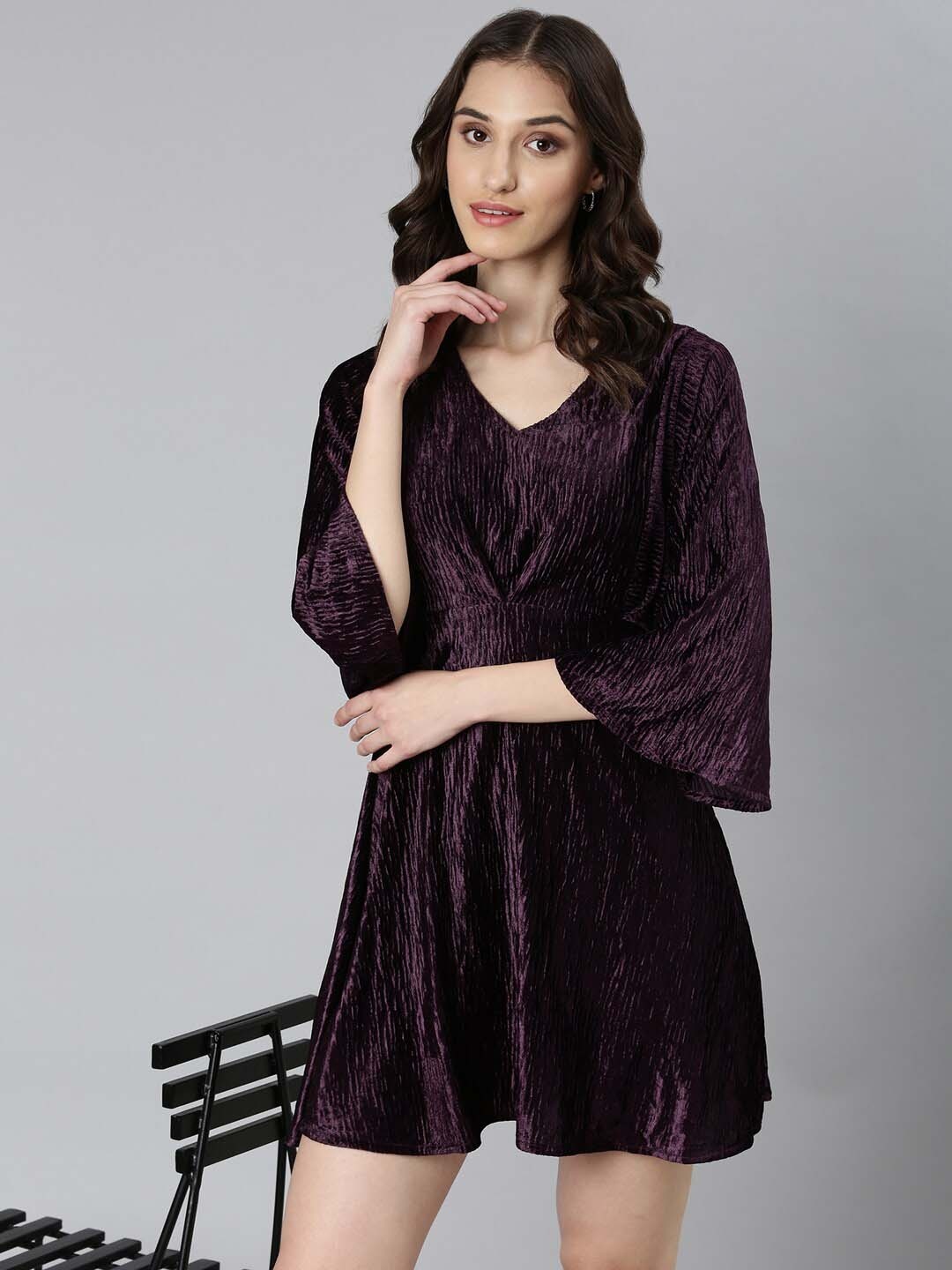 

SHOWOFF Self Design Flared Sleeves Velvet Fit & Flare Mini Dress, Purple