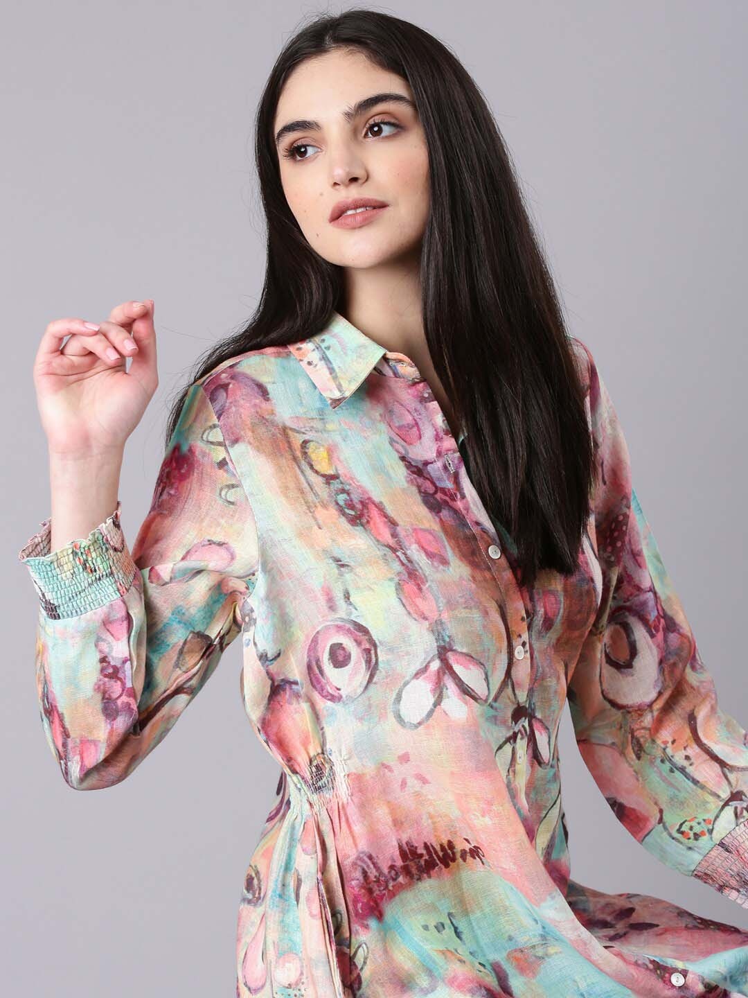 

SHOWOFF Floral Printed Cuffed Sleeves Midi Shirt Dress, Peach