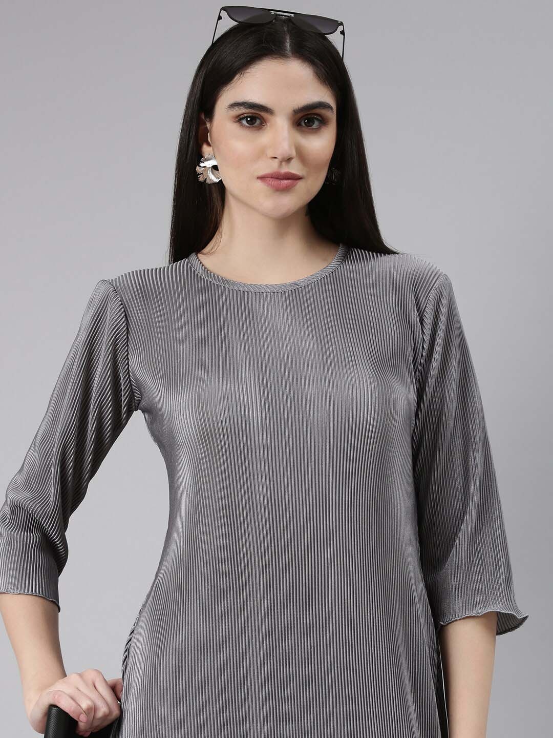 

SHOWOFF Self Design Satin A-Line Dress, Grey
