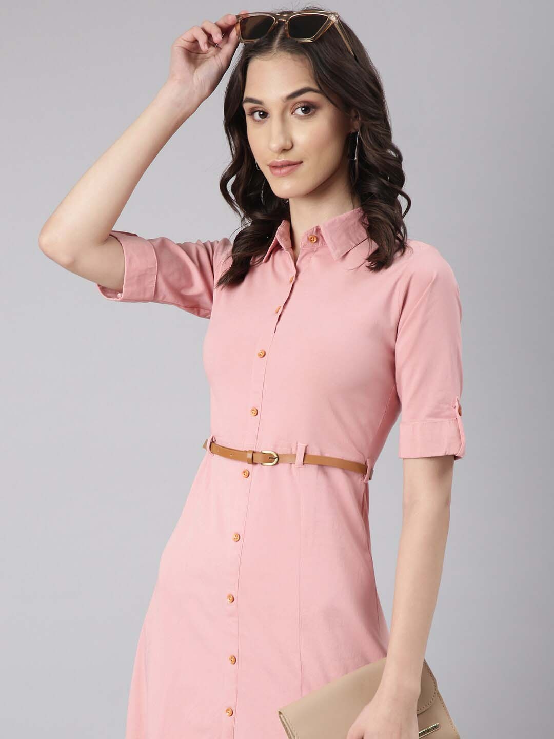 

SHOWOFF Shirt Collar Short Sleeves Cotton Shirt Dress, Pink