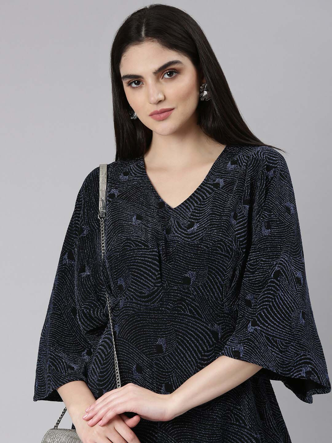 

SHOWOFF Embellished Flared Sleeves A-Line Mini Dress, Blue