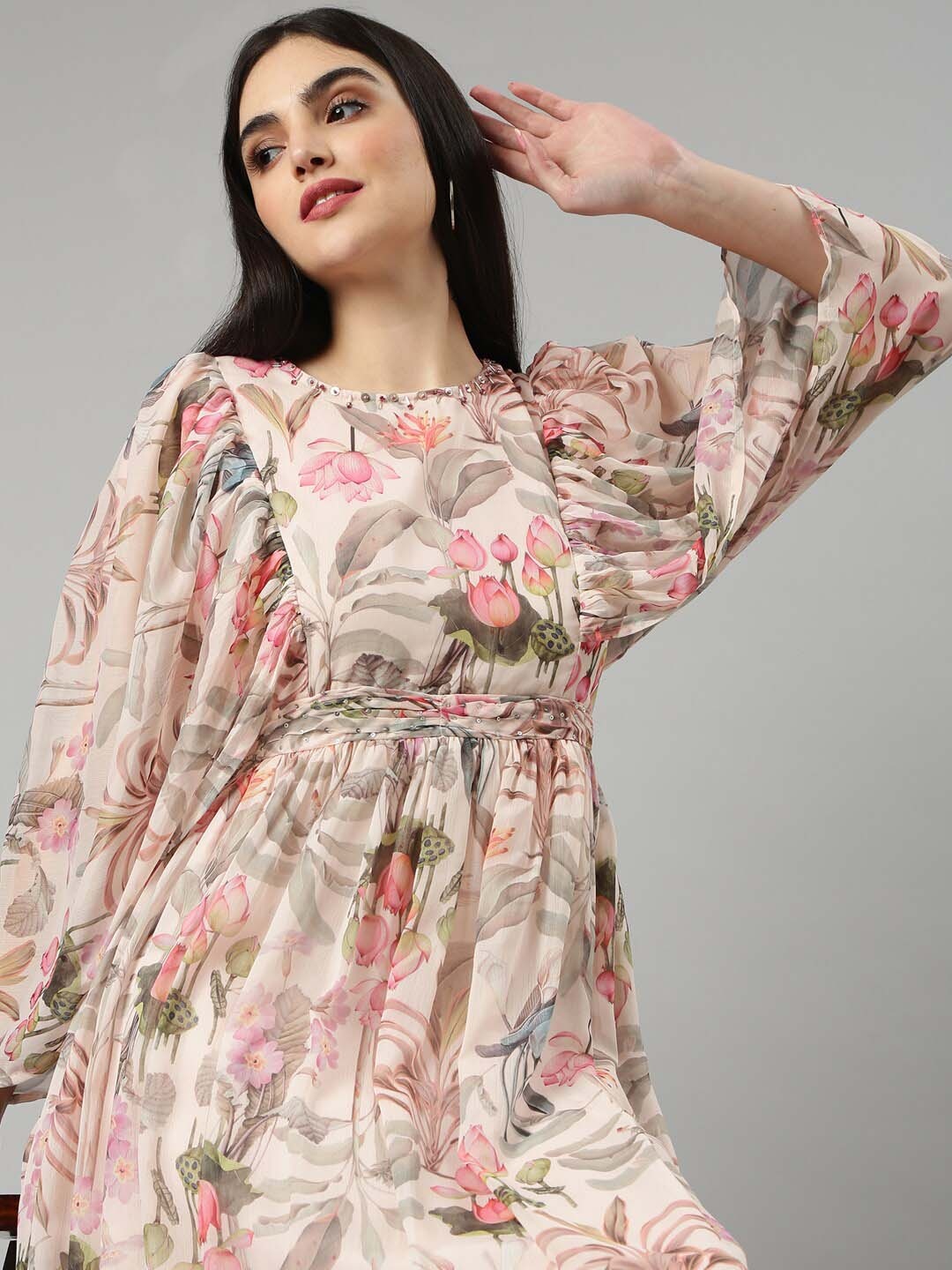 

SHOWOFF Floral Printed Puff Sleeves Gathered Fit & Flare Midi Dress, Cream