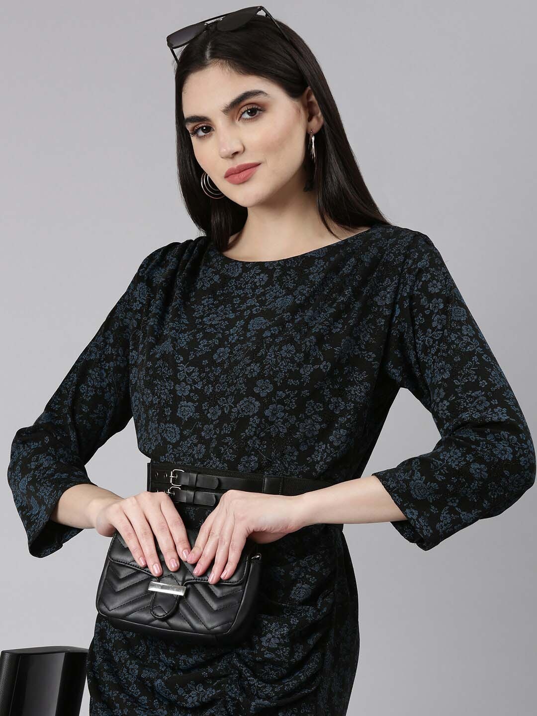 

SHOWOFF Floral Printed Belted Sheath Dress, Black