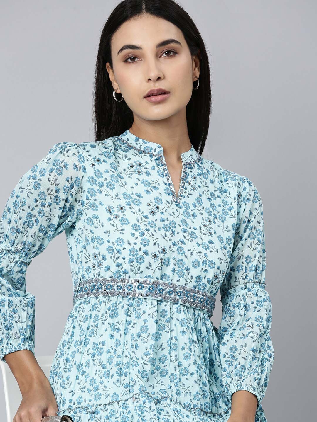 

SHOWOFF Floral Printed Mandarin Collar Puff Sleeve Cotton Fit and Flare Dress, Blue