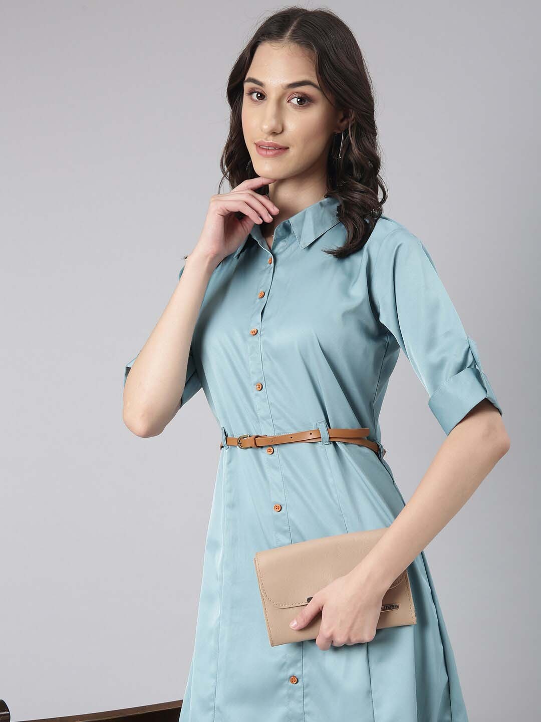 

SHOWOFF Satin Shirt Dress, Teal