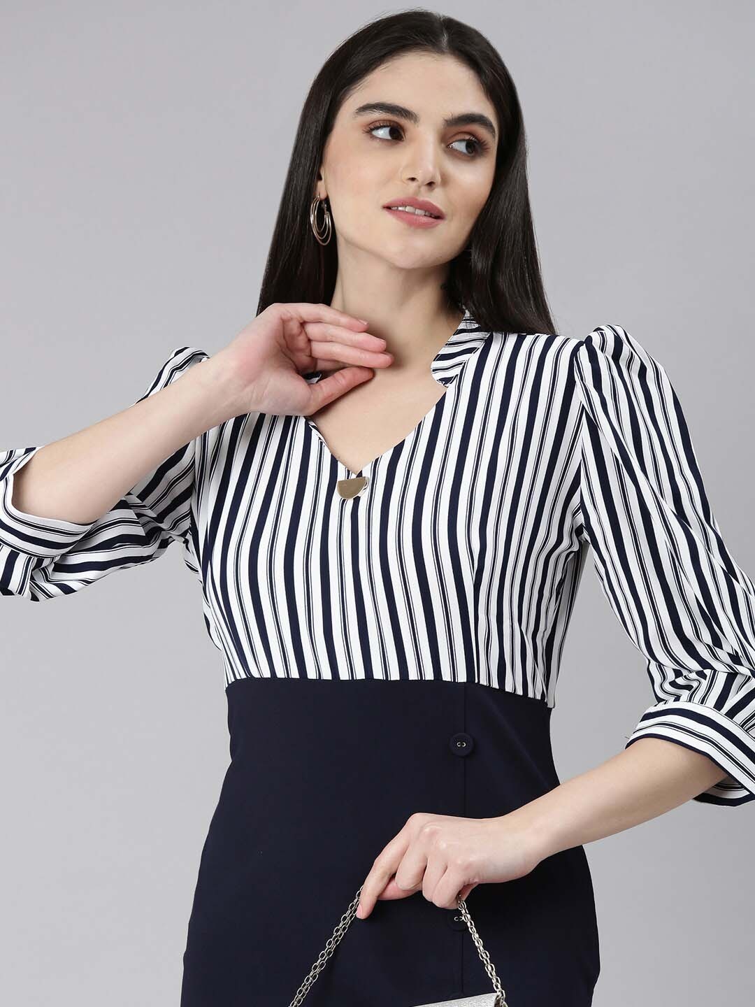 

SHOWOFF Striped Mandarin Collar Puff Sleeves Sheath Dress, Navy blue