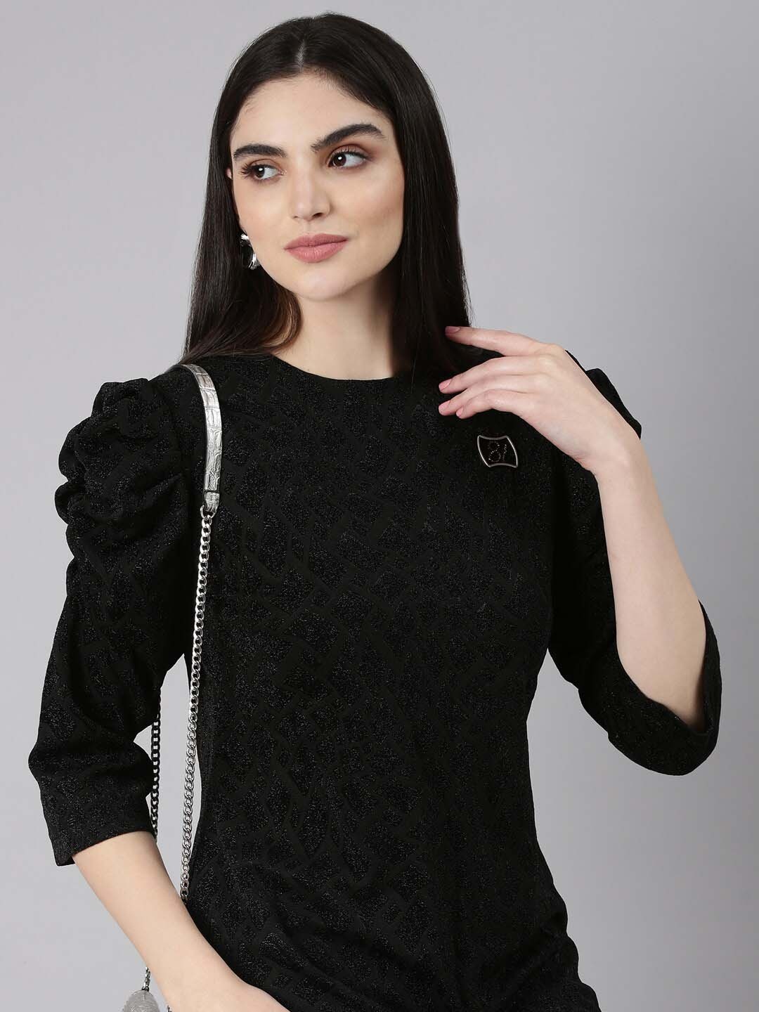 

SHOWOFF Round Neck Puff Sleeves Sheath Dress, Black