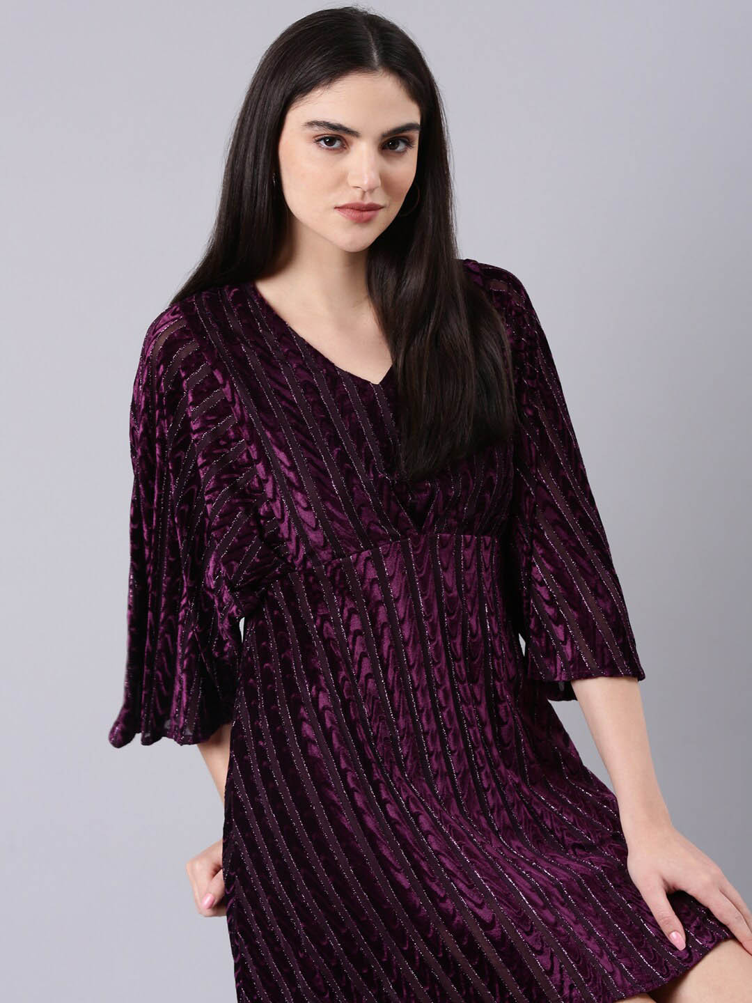 

SHOWOFF Self Design Velvet A-Line Mini Dress, Purple