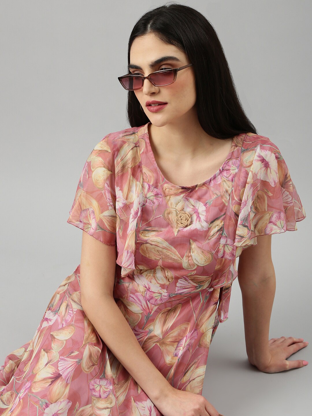 

SHOWOFF Floral Printed Flared Sleeve Chiffon Fit & Flare Dress, Peach