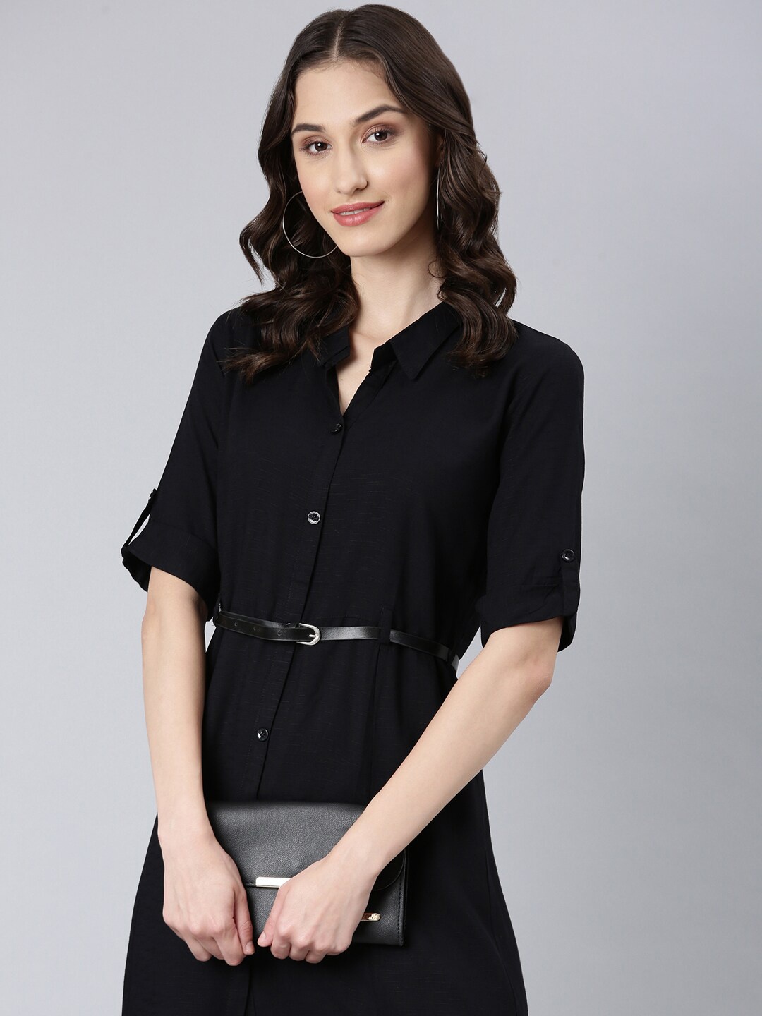 

SHOWOFF Roll-Up Sleeves Shirt Dress, Black