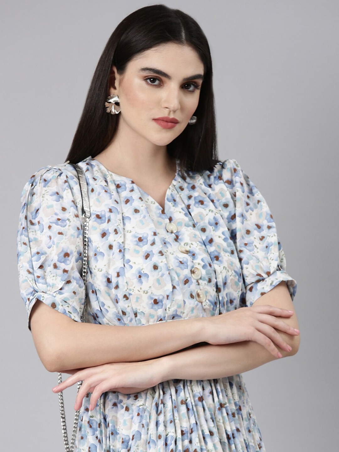

SHOWOFF Floral Printed Sweetheart Neck Puff Sleeves Fit and Flare Dress With Belted, Blue
