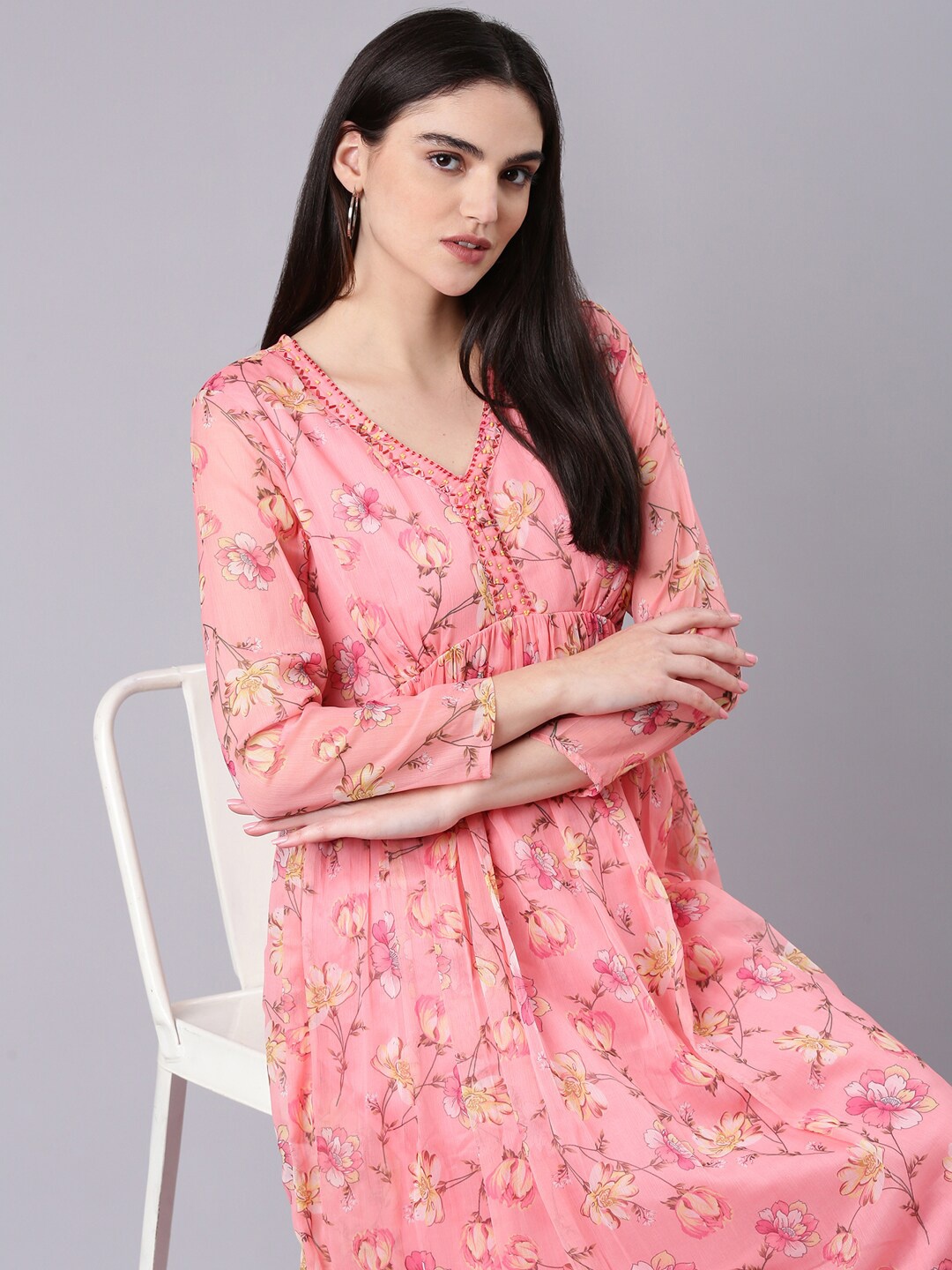 

SHOWOFF Floral Print Bell Sleeve Fit & Flare Midi Dress, Peach