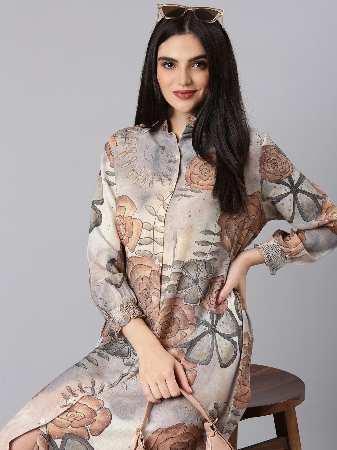 

SHOWOFF Floral Print Shirt Midi Dress, Beige