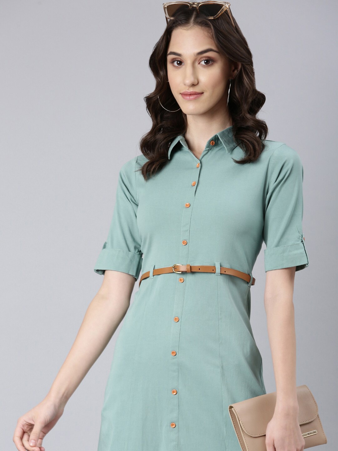 

SHOWOFF Shirt Collar Short Sleeves Cotton Shirt Dress, Sea green
