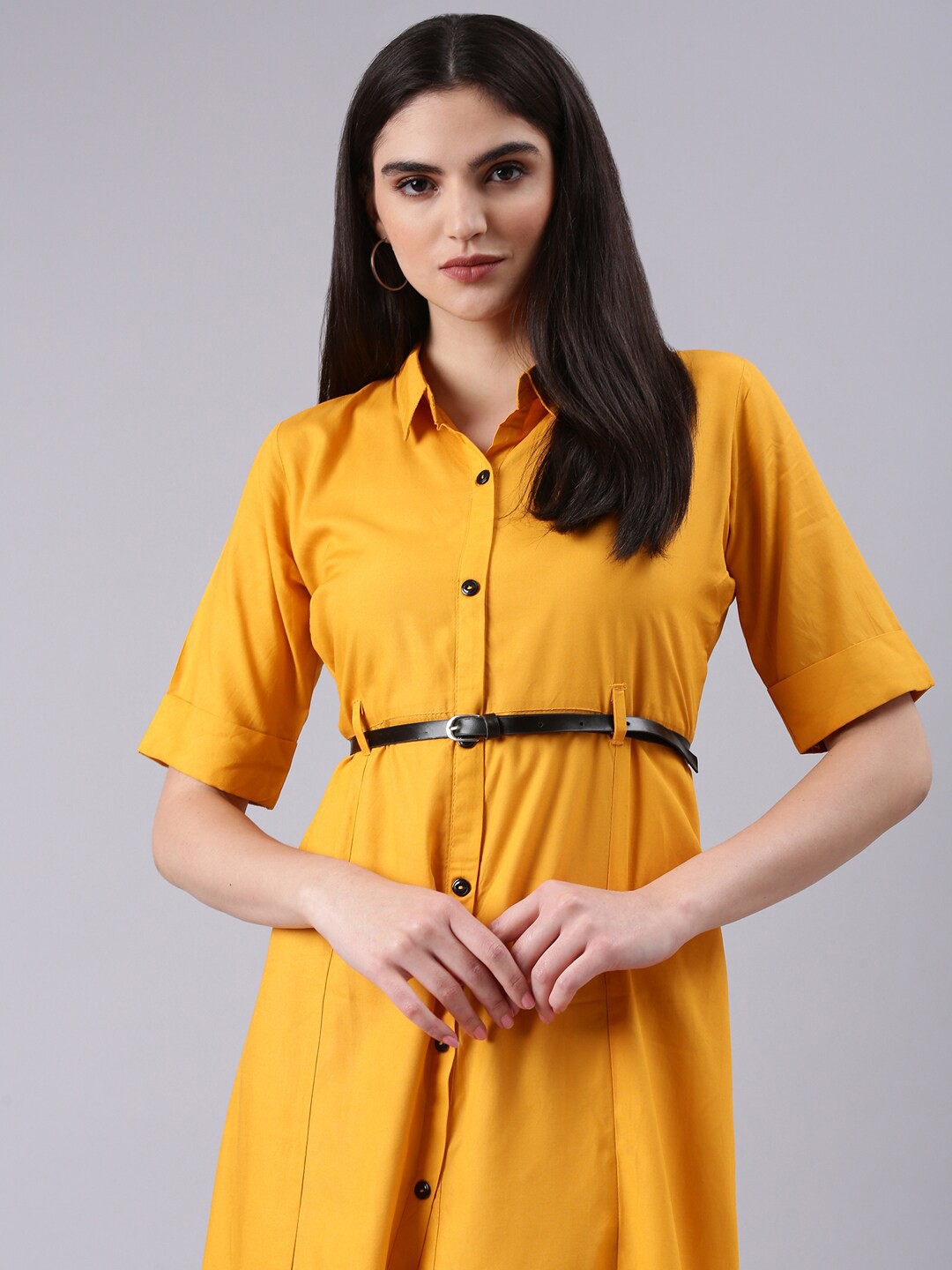 

SHOWOFF Shirt Collar Belted Shirt Dress, Yellow