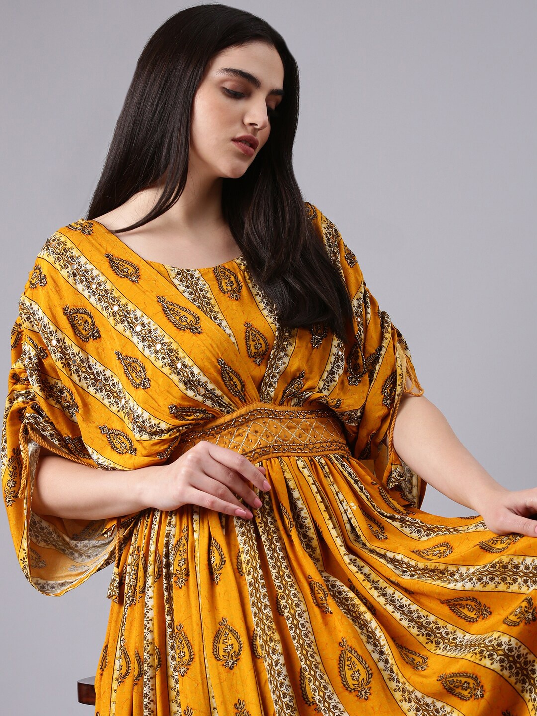 

SHOWOFF Ethnic Motifs Printed Kimono Sleeves Maxi Dress, Mustard