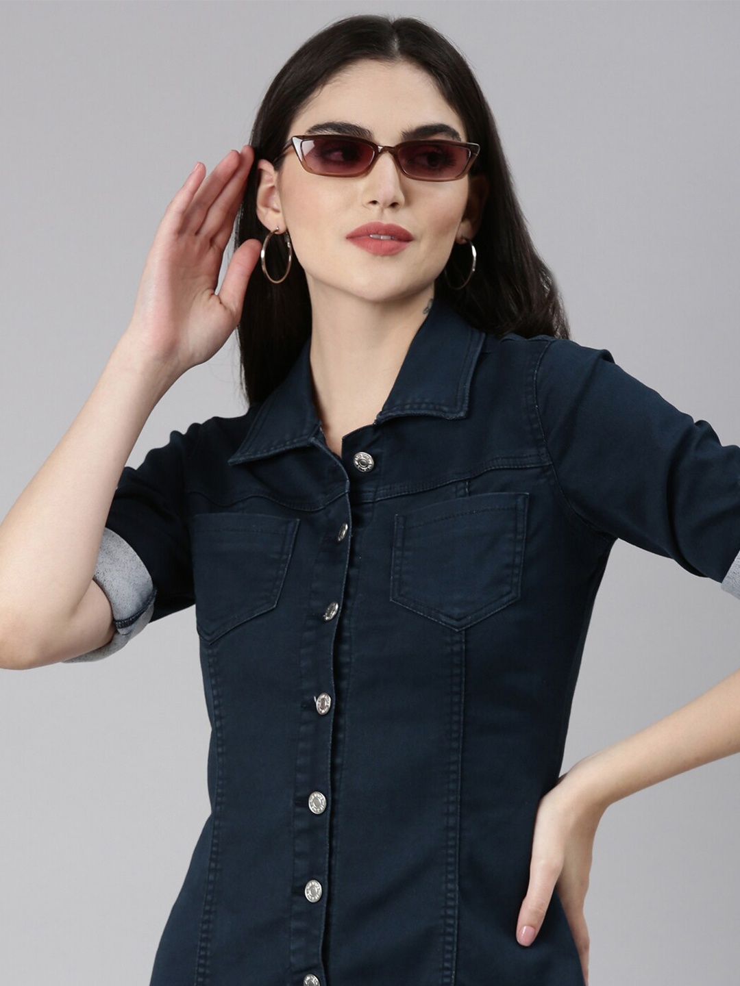 

SHOWOFF Roll-Up Sleeves Denim Shirt Style Dress, Navy blue