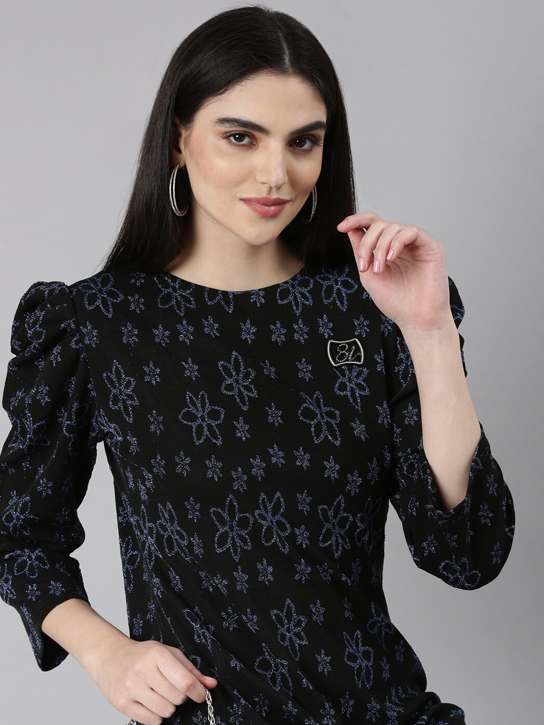 

SHOWOFF Floral Printed Puff Sleeves A-Line Mini Dress, Black