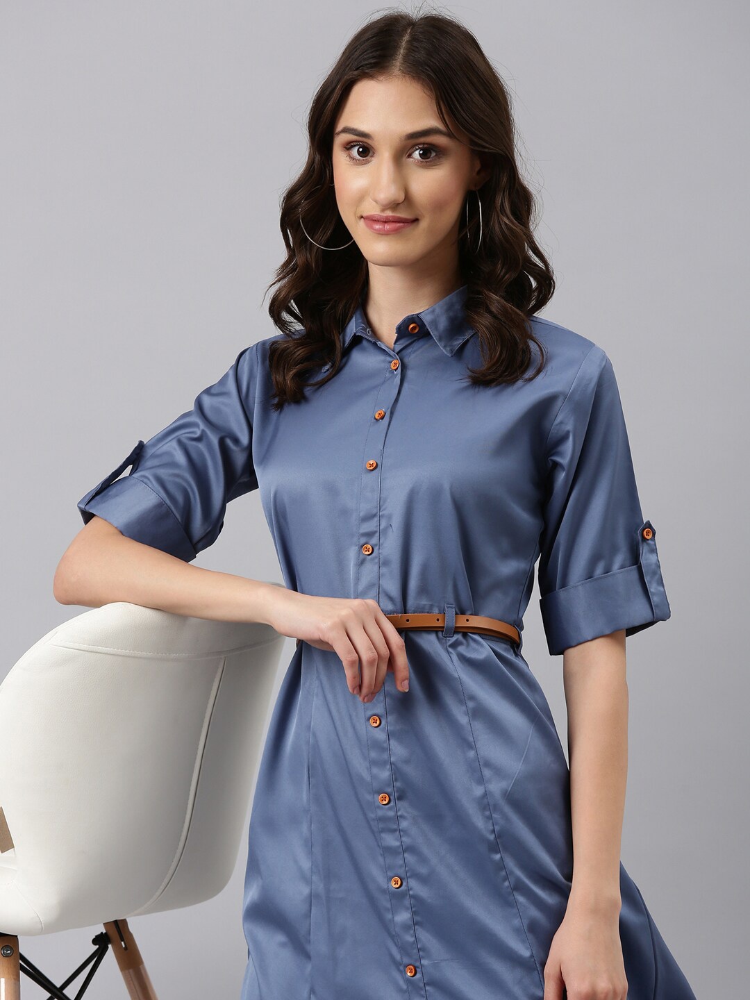 

SHOWOFF Roll-Up Sleeves Shirt Collar Satin Belted Shirt Midi Dress, Blue