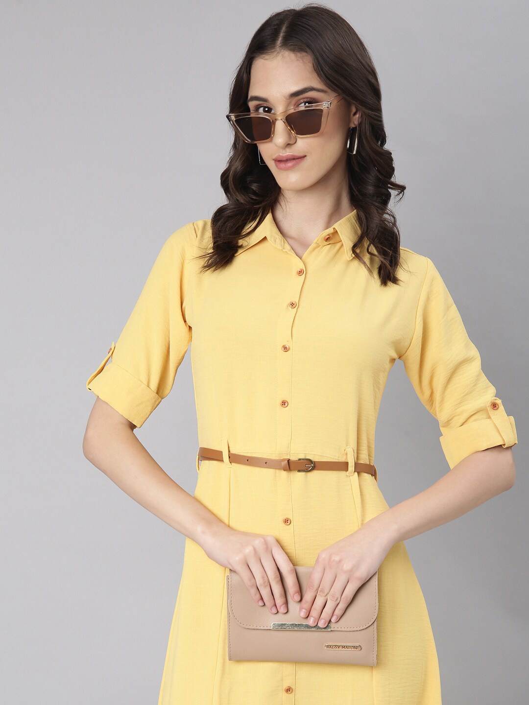 

SHOWOFF Shirt Collar Roll-Up Sleeves Shirt Dress With Belted, Yellow