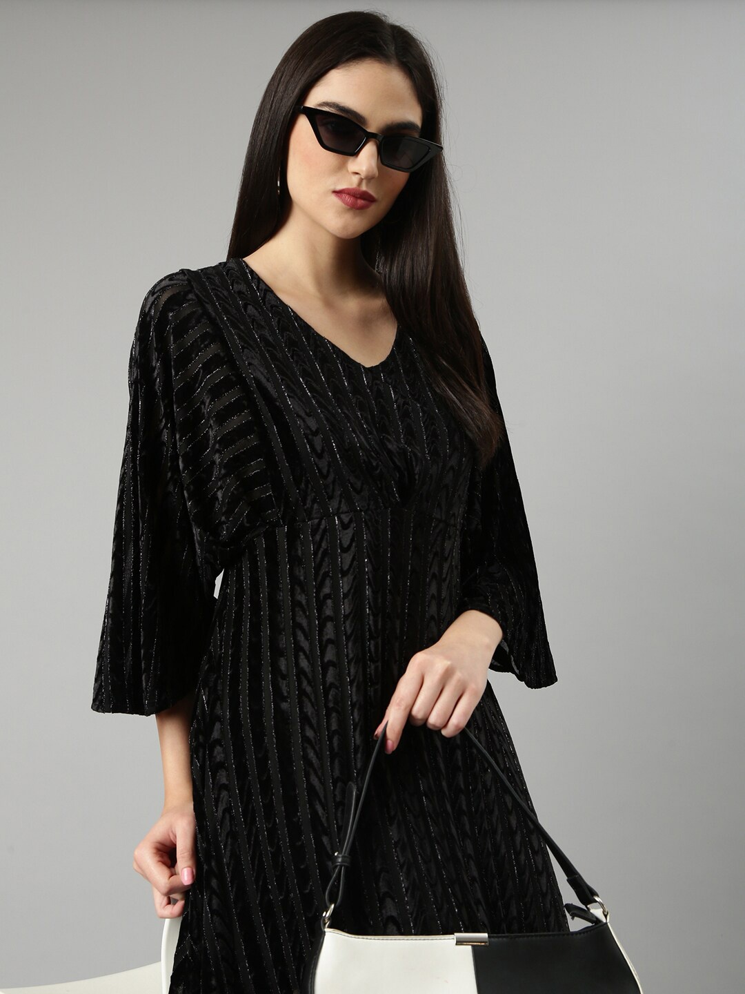 

SHOWOFF Flared Sleeve Velvet A-Line Dress, Black