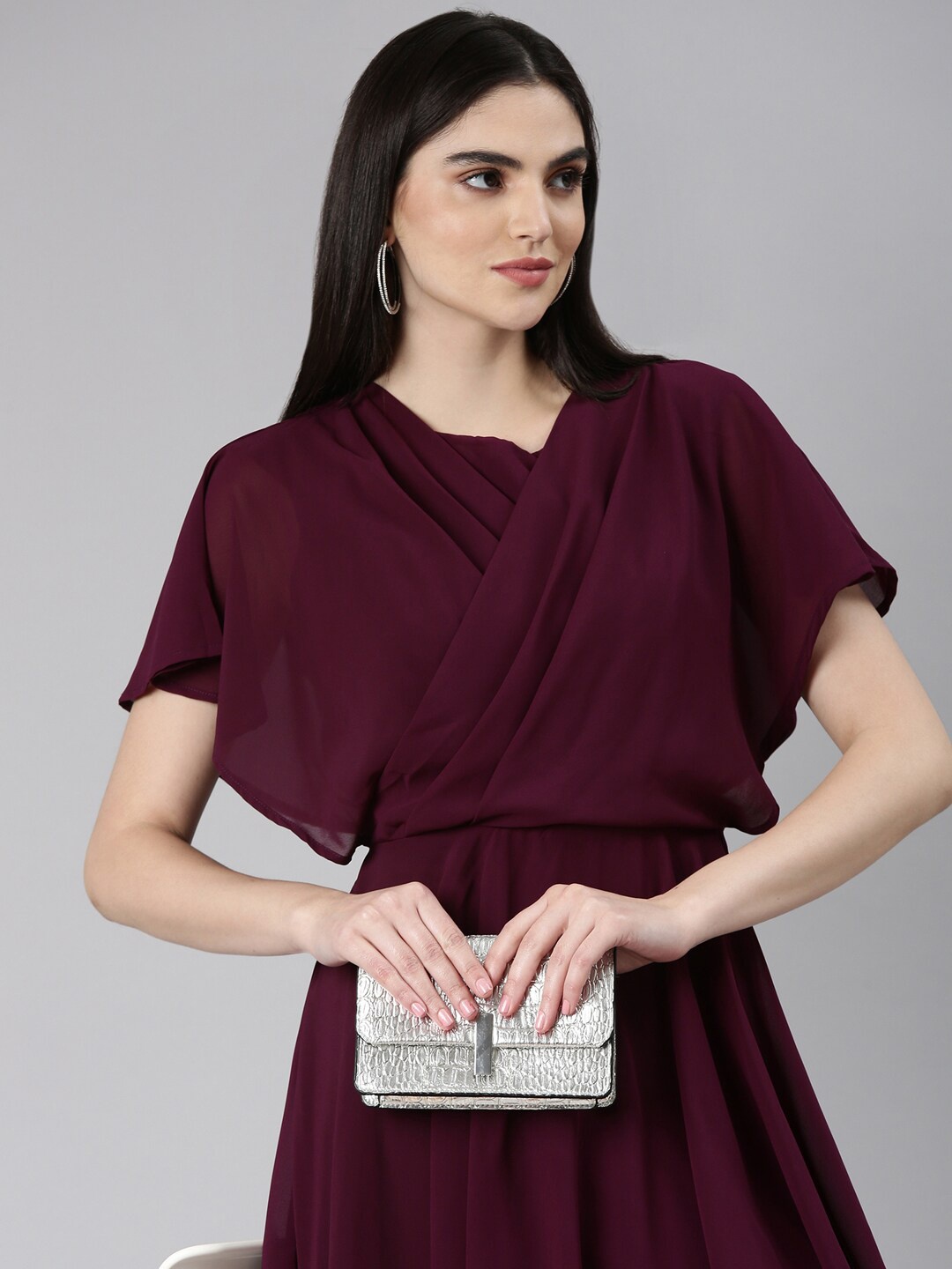 

SHOWOFF Pleated Detailed Flared Sleeves Fit & Flare Dress, Violet