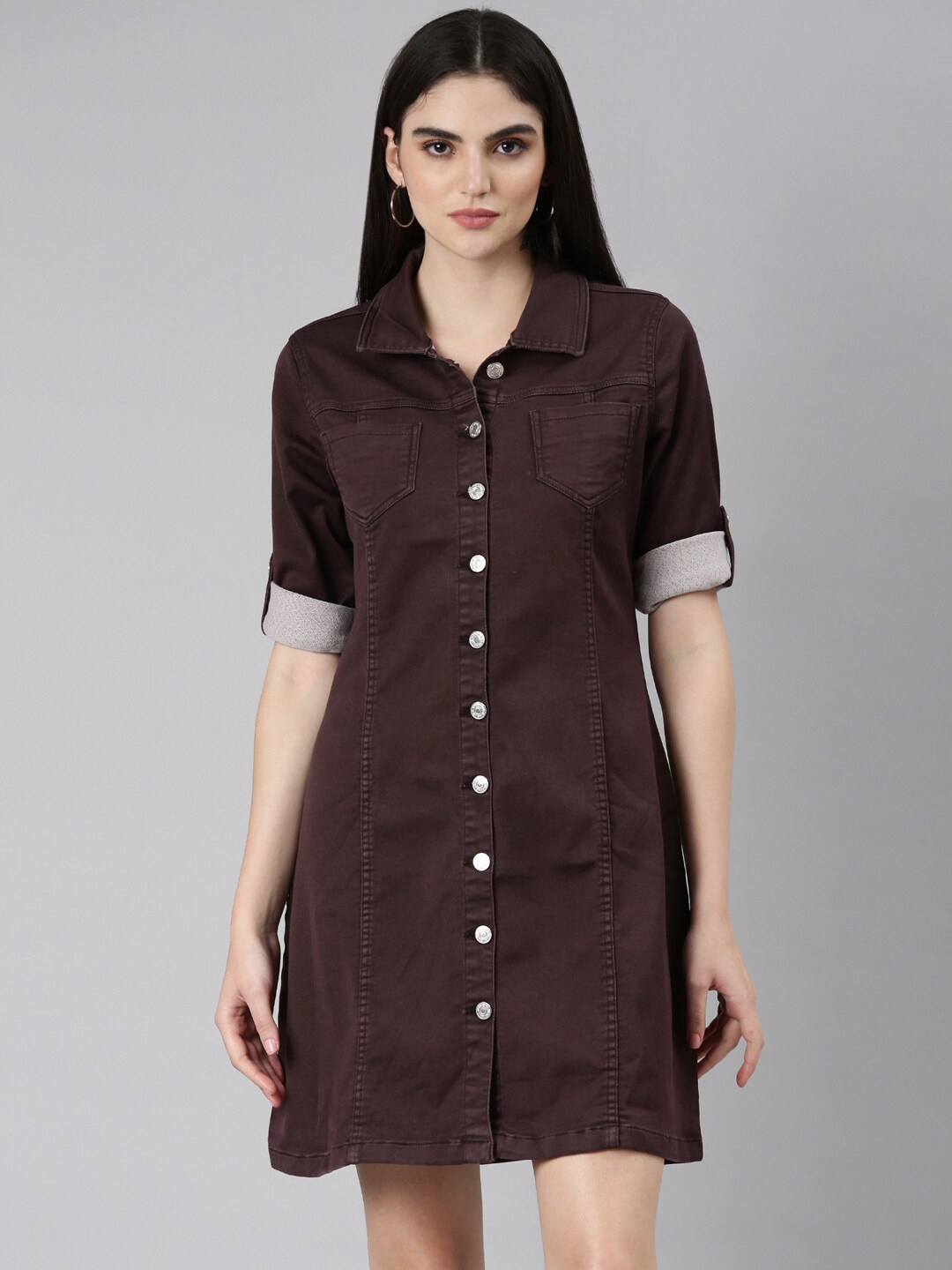 

SHOWOFF Roll-Up Collar Denim Shirt Dress, Coffee brown