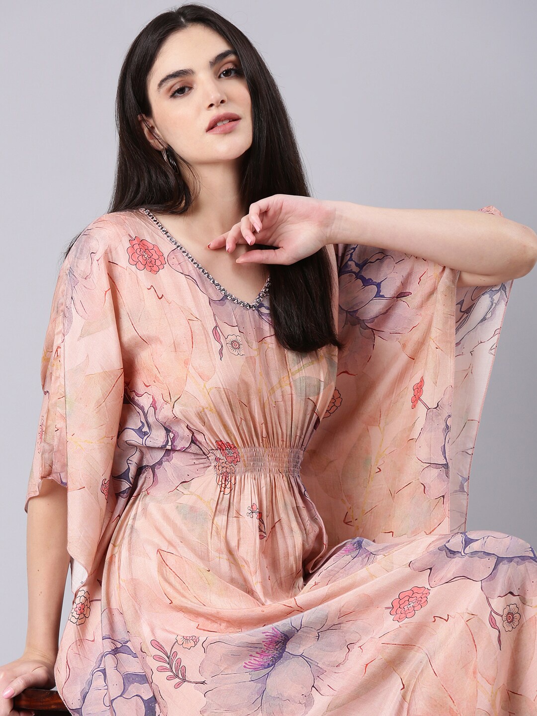 

SHOWOFF Floral Printed Cotton Kimono Sleeves Kaftan Dress, Peach