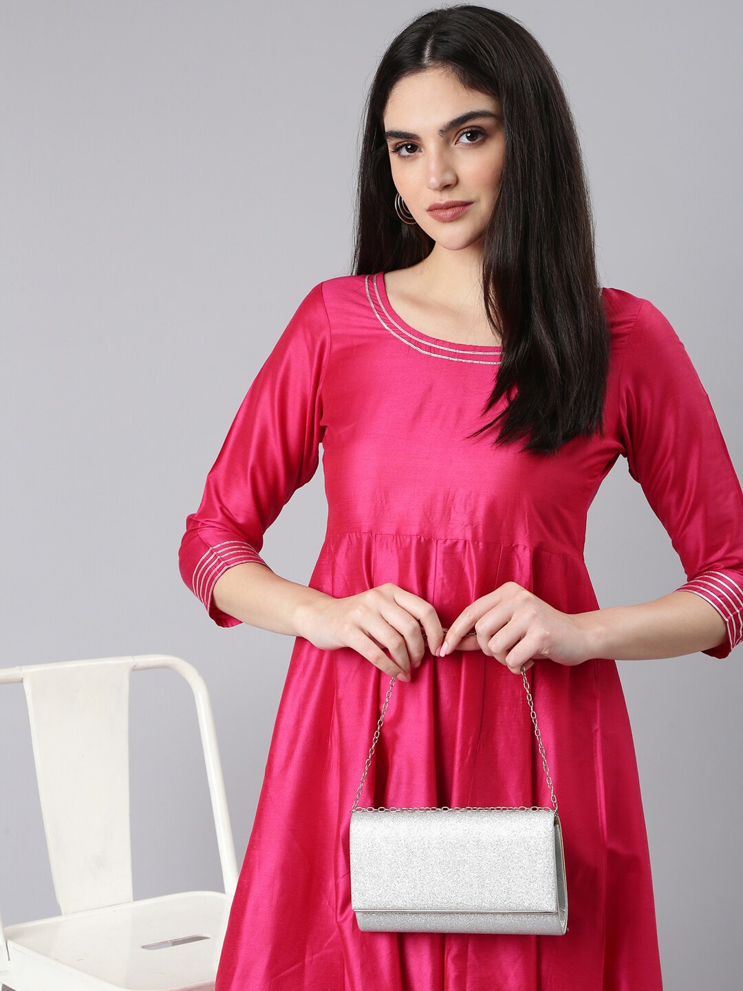 

SHOWOFF Round Neck Fit & Flare Ethnic Dress, Pink