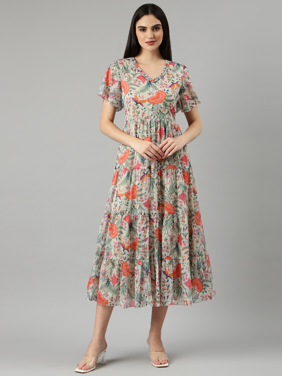 

SHOWOFF Floral Printed Cotton Flared Sleeves Midi Fit & Flare Dress, Sea green