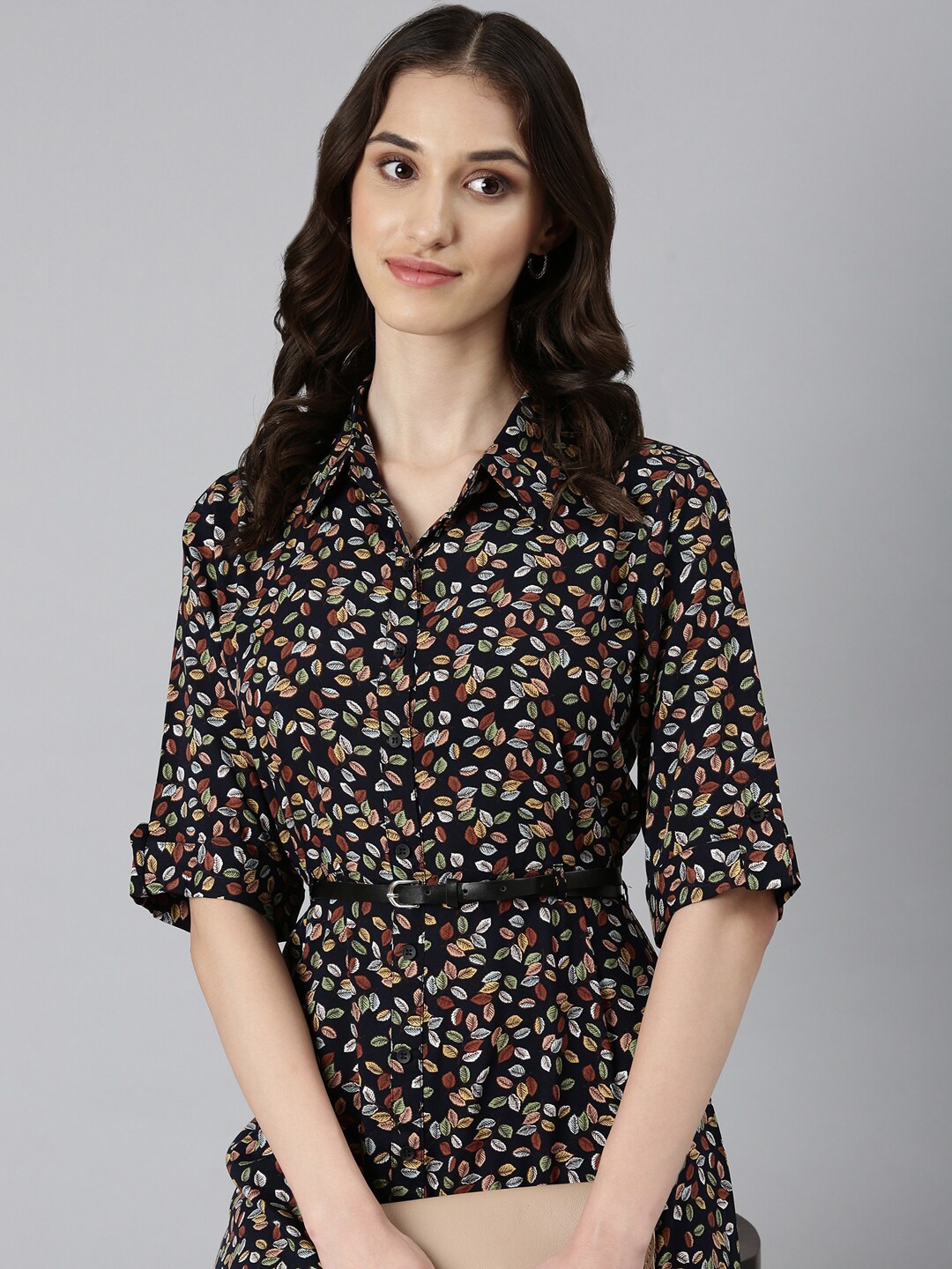 

SHOWOFF Floral Print Crepe Shirt Mini Dress, Navy blue